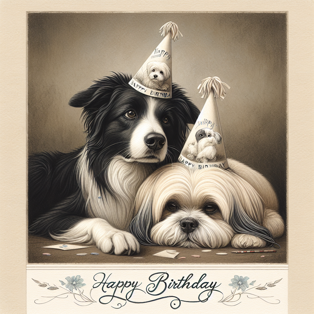 Black and white Border collie, and Beige shih tzu Birthday Card