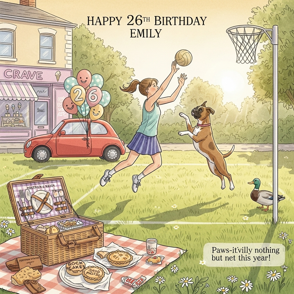 A girl with a pony tail playing netball with a boxer dog, a mallard duck watching, an ice cream shop called Crave, a small red car with balloons with the number 26 on them, a Fortnum and Mason picnic basket with rock cakes and crab pasties in it, and Birthday Card