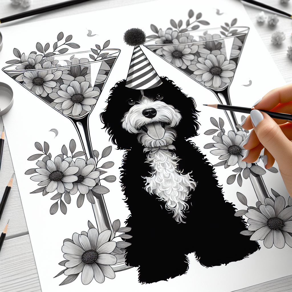 Create an illustration of a playful black and white Cockapoo wearing a birthday hat. The dog is pictured in the middle of martini glasses filled with delicate flowers, adding an unusual twist to the festive theme. The entire image is designed in various soft shades of grey, making this celebratory moment appear elegant and timeless.
Generated with these themes: Black & white cockapoo, and Martinis .
Made with ❤️ by AI.