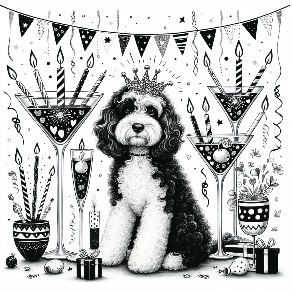 Create a heartwarming birthday-themed illustration where the focal point is a black and white Cockapoo. This lovable pooch is surrounded by a festive arrangement of martini glasses, with each one decorated with a twinkling little birthday candle. Additional elements in the scene include whimsical decorations, such as streamers and confetti. All elements in this scene are rendered in a striking monochrome palette, emphasizing the sophisticated and adult ambiance of the party.
Generated with these themes: Black & white cockapoo, and Martinis .
Made with ❤️ by AI.