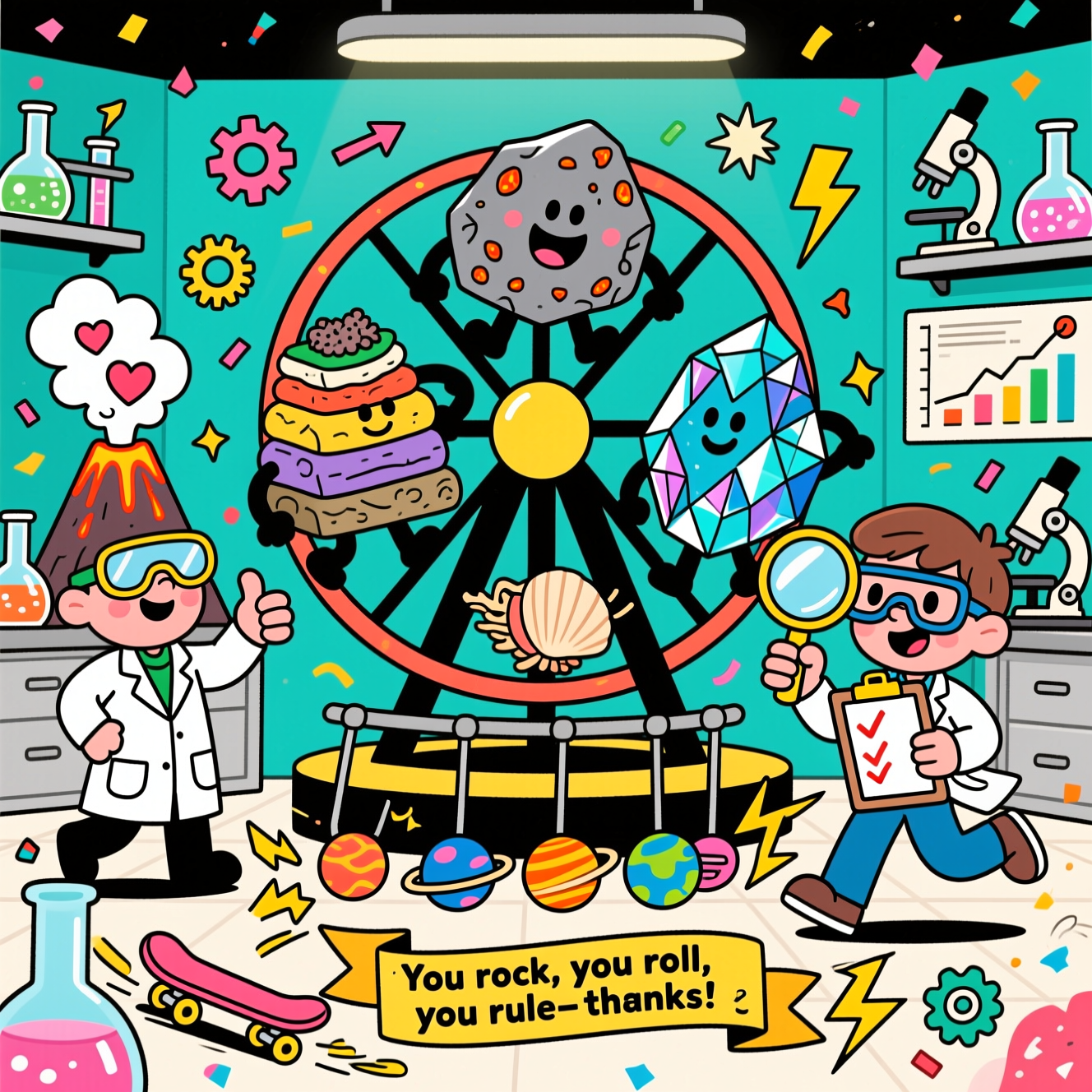 5th grade science concepts like the rock cycle, force/motion/energy, scientific investigation, and Thank-you Card