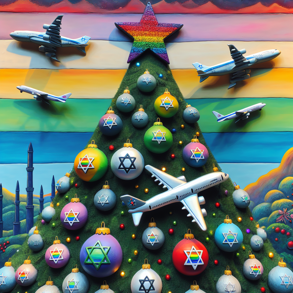 Illustration of a radiant Christmas tree decorated with radiology-themed ornaments, miniature planes, and Star of David accents. The tree is topped with a rainbow star, symbolizing gay pride, set against an Israel-inspired backdrop.
Generated with these interests: Pilot, Radiology, and Gay Israel .
Made with ❤️ by AI.