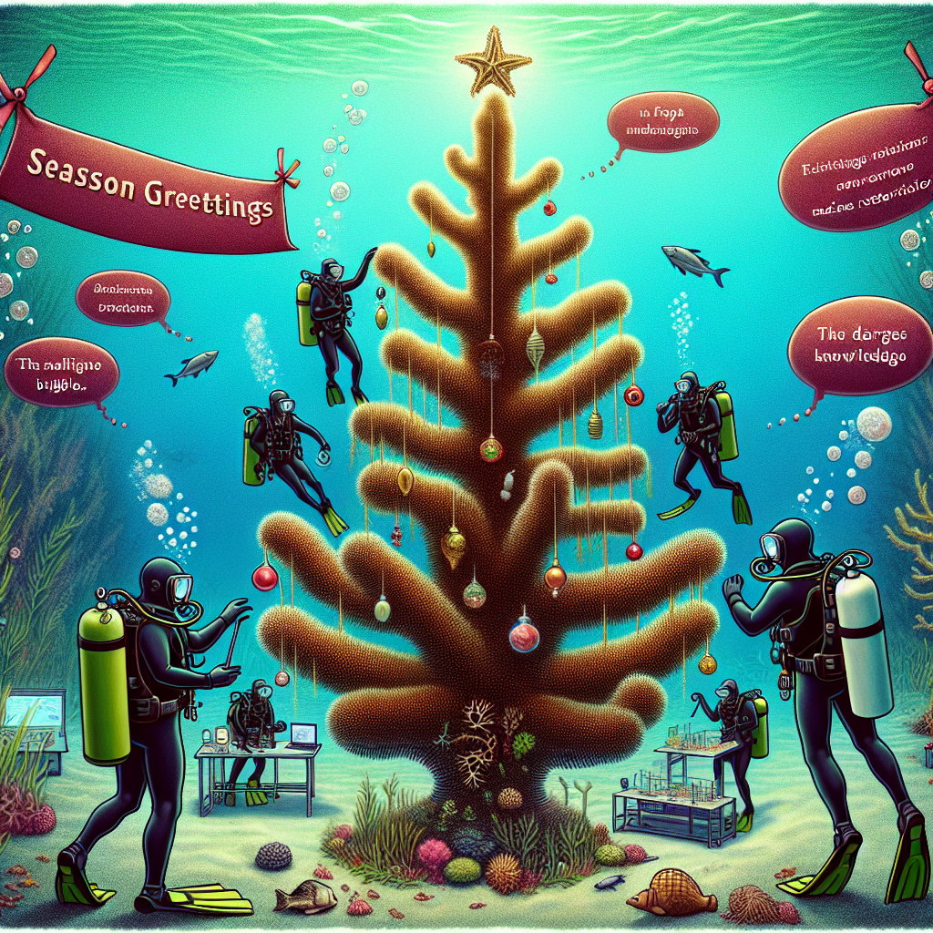 This delightful Christmas card design showcases the underwater world in a festive light. Brown algae cleverly take center stage, formed into the shape of a Christmas tree, complete with decorations hanging from its sturdy stem. Divers in full gear are busily planting new marine life around it, demonstrating active restoration efforts. Meanwhile, within a submerged lab, researchers are portrayed observing and studying the majestic algae, as bubbles of knowledge float to the surface. Above the scene floats the cheerful banner with 'Season Greetings from the REEForest team', adding a warm human touch to this marine celebration.
Generated with these themes: Create a Christmas card with the message 'Season Greetings from the REEForest team', Must have a marine life theme. Incorporate brown algae stem as a Christmas tree and some divers that are restoring marine habitat and some researchers in a biology lab studying the algae.
Made with ❤️ by AI.