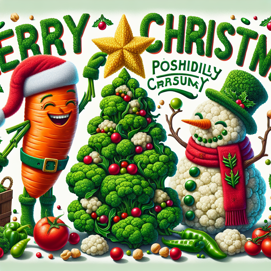 A whimsical illustration shows a gathering of cheerful vegetables around a Christmas tree made entirely of green spinach leaves. A jovial carrot, wearing a Santa hat, is placing a star-shaped piece of yellow bell pepper on top. Nearby, a snowman constructed from cauliflower florets winks playfully, with a scarf made from strips of red pepper. Sprinkled across the scene are festive decorations like cherry tomato ornaments and garlands of chickpeas. Front and center, the bold text 'Merry Christmas' is written in a lively font, with peas dotting the 'i's.
Generated with these themes: Plant based food.
Made with ❤️ by AI.