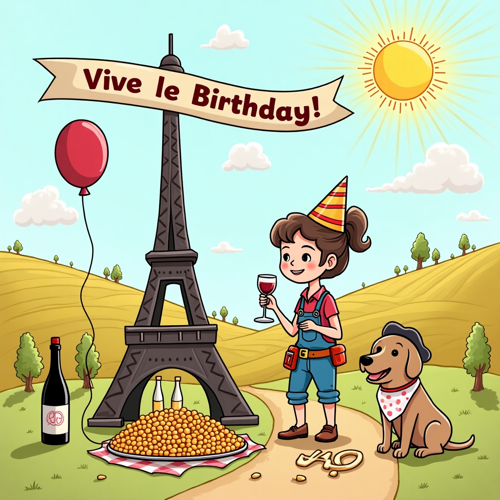 At the top of the illustration image: **"Bonne 40th, Claire – Time to wine, dine & DIY with hash browns and hounds!"**

Prompt for the illustration image:  
A whimsical cartoon-style birthday scene set in the French countryside. In the center, Claire (caricatured with party hat and toolbelt) is attempting to DIY-build a giant wine rack shaped like the Eiffel Tower, with a spilled bottle of wine next to it. Around her feet, golden hash browns are being "guarded" by a jolly Labrador wearing a beret and a napkin bib. Floating nearby is a balloon shaped like the number 40, and behind her, rolling hills dotted with grapevines and tiny screwdrivers poke from baguette-shaped toolboxes. A sunny sky above has faint shapes of wine corks in the clouds. A banner flutters overhead in red, white and blue saying “Vive le Birthday!”
Generated with these themes: France, 40th, Wine, Hash browns , DIY, and Labrador .
Made with ❤️ by AI.