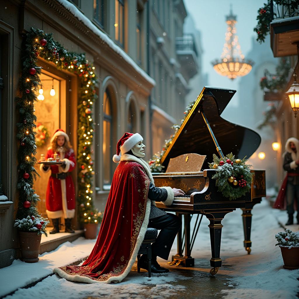 Picture this: In a whimsical, snow-dusted Parisian alleyway, a festively decorated grand piano occupies the foreground, its open lid brimming with Christmas ornaments, golden garlands, and twinkling fairy lights. Seated at the piano, in full holiday spirit, is the Phantom of the Opera. He wears a Santa hat perched jauntily over his iconic white mask, and his cape is transformed into a deep red, velvet cloak trimmed with white fur. His hands, clad in white gloves, are poised over the keys, ready to play a carol.

To his left, emerging from a festively adorned manhole, is Jean Valjean from Les Misérables, dressed in a Santa suit that has seen better days, his usual stern expression softened with a touch of holiday joy. He carries a sack filled with toys and candy canes, slung over his shoulder. 

Behind them, the scene is framed by the crumbling facade of an old Parisian theater, festooned with holiday wreaths and glowing Christmas lights. In the background, you can spot other Les Misérables characters: Cosette, dressed in a cozy winter coat, decorating a small, leaning Christmas tree, and Éponine, wearing a reindeer headband, holding a tray of steaming hot cocoa.

To the right, the iconic chandelier from the Phantom's lair hangs precariously from the rooftop, decked out in holly and ivy. Snow gently falls, adding a magical touch to the entire scene, and in the distance, you can see the Eiffel Tower shimmering with festive lights. 

Every element is richly detailed, from the intricate designs on the piano to the tattered yet heartwarming costumes of the characters, creating a lively and humorous blend of two classic tales set against a heartwarming Christmas backdrop.
Generated with these themes: Phantom of the opera, and Les miserables.
Made with ❤️ by AI.