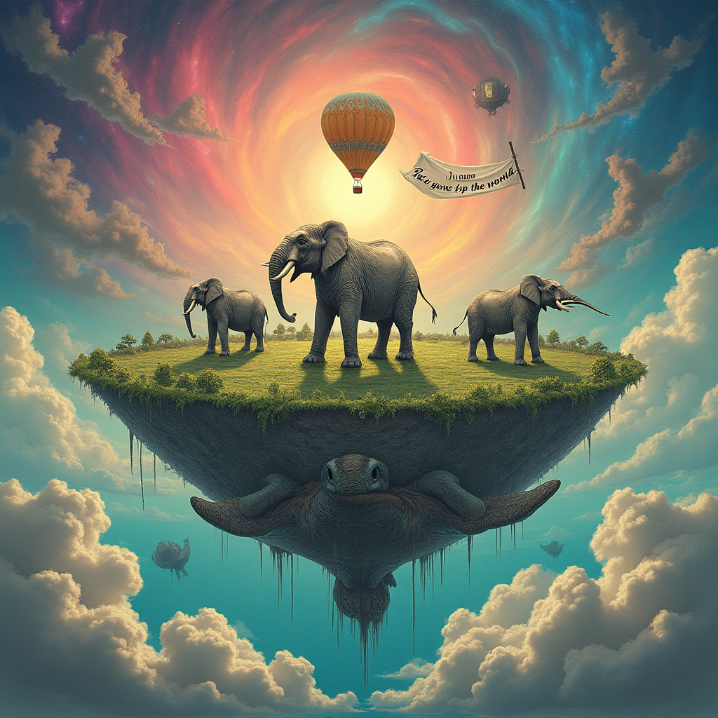 Discworld on turtleback balanced by 4 elephants , and Birthday Card