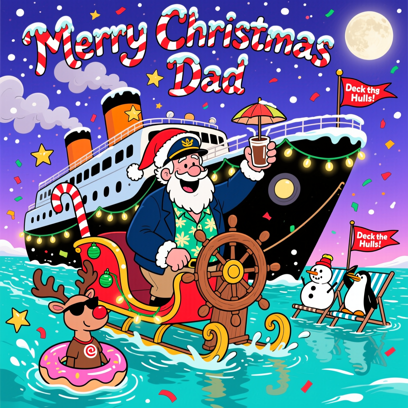 At the top of the Cartoon Style image, Merry Christmas Dad

A funny Christmas cartoon in a “Cruising” theme: a gigantic sleigh-shaped cruise ship skimming sparkly turquoise water, wrapped in glowing fairy lights and ornaments, candy-cane smokestacks puffing star-shaped snow. Front and center, an exaggerated, beaming Dad as the proud captain—Santa hat perched on a captain’s cap, candy-cane Hawaiian shirt under a navy jacket, one hand on a comically oversized wooden wheel, the other raising a steaming hot cocoa with a mini umbrella. Energetic motion lines and splashes shaped like stars. Supporting cast: a sunglasses-wearing reindeer lifeguard bobbing in a donut life ring, a chill snowman sunbathing on a striped deck chair, and a penguin deckhand giving a salute. Twilight sky gradient (deep blue to violet) with a glowing moon, twinkly stars, and confetti-like snowfall, warm reflections on the water. Small cheeky caption on a fluttering pennant flag: “Deck the Hulls!” Thick black outlines, bright saturated reds/greens/teals, chunky shapes, bouncy, whimsical poses, playful shadows, crisp, full-bleed composition. Title lettering styled as big curved candy-cane letters with frosty sparkle.
Generated with these themes: Cruising, and .
Made with ❤️ by AI.