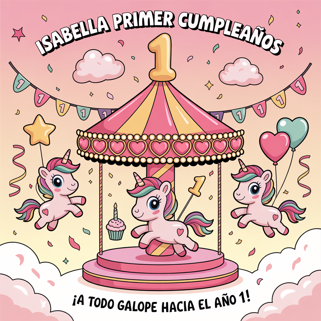 At the top of the Cartoon Style image, "Isabella Primer Cumpleaños"
At the bottom of the image, "¡A todo galope hacia el año 1!"

In the center, depict a candy-pink carousel as the star: a glossy blush-and-rose striped canopy trimmed with twinkly gold, a giant shiny number 1 balloon crowning the spire, and a ring of heart-shaped lights. Three chubby, big-eyed carousel ponies/unicorns with rainbow-pink manes and rosy cheeks prance in exaggerated, bouncy poses, each with thick black outlines; one wears a tiny crown and a “1” rosette, another balances a cupcake with a tiny 1 candle, and ribbons stream behind them with motion swirls. Fill the scene with pink confetti, star and heart balloons, and cotton-candy clouds against a soft pink-to-peach gradient sky. Add bunting that repeats the number 1 in playful shapes, and sprinkle sparkles around the carousel for extra magic. Keep everything ultra-cute, bright, and saturated, with bold, thick outlines and whimsical energy.

Text styling: Use big, bubbly white lettering with a hot-pink outline and a soft golden glow for both lines; add tiny star and heart doodles around the words to make them pop against the pink scene.
Generated with these themes: Carousel, number 1, pink, and .
Made with ❤️ by AI.