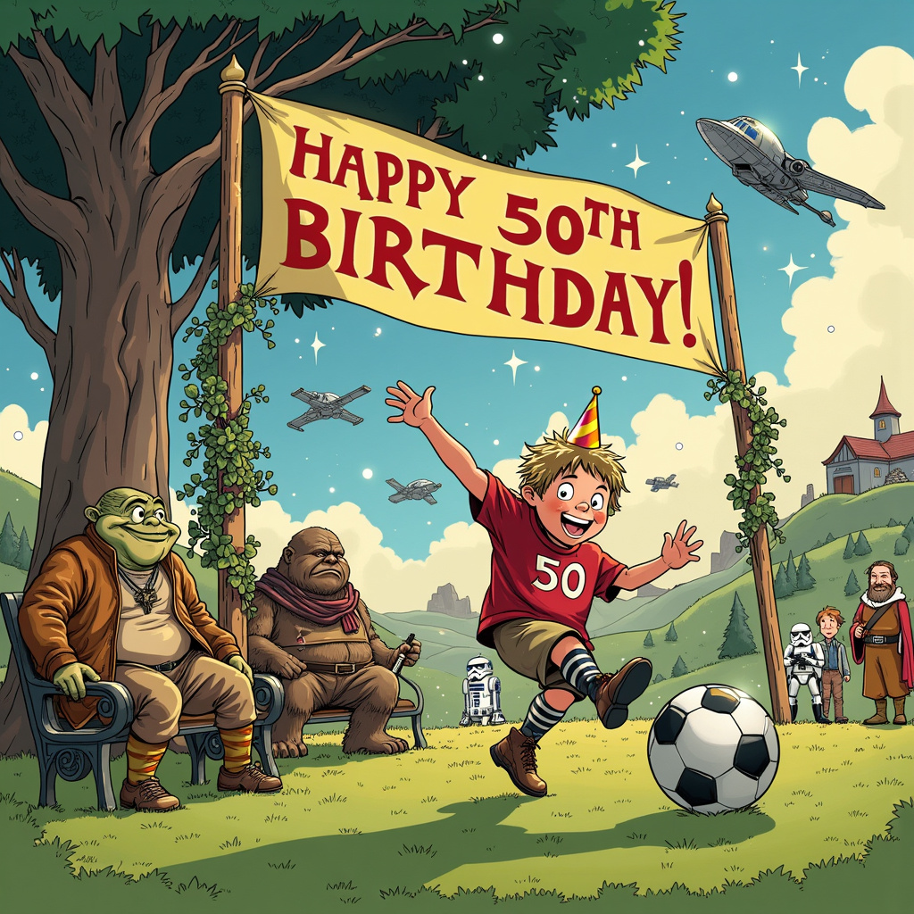 In the front cover scene of the birthday greeting card, imagine a whimsical mash-up where Middle-earth meets a galaxy far, far away on a vibrant soccer field celebrating a grand 50th birthday. 

At the forefront, there's a jovial hobbit dressed in a soccer uniform—complete with shin guards and a jersey sporting the number "50"—kicking a brilliantly glowing soccer ball that looks suspiciously like a mini Death Star. The ball arcs through the air, headed towards an elaborate goalpost that has a towering tree with Ewok spectators clambering up its branches. 

In the background, a quaint Hobbiton-like village blends seamlessly into futuristic sci-fi architecture, with cozy hobbit holes juxtaposed against sleek Star Wars spaceships hovering just above them. Gandalf, sporting a referee's whistle and holding a lightsaber instead of his staff, gestures enthusiastically as he officiates the game. 

To the left, there's an imposing yet comical Jabba the Hutt sitting on a bench, munching on a gigantic piece of birthday cake, while Frodo and Sam stand nearby, laughing and wearing Star Wars helmets. Han Solo and Chewbacca, both donning Middle-earth attire, cheer from the sidelines, their soccer scarves flapping in the wind.

Above this delightful pandemonium, a majestic banner hangs between two floating X-Wings, proudly proclaiming "Happy 50th Birthday!" in bold, colorful letters. The sky is a mix of stars and constellations with the Shire's rolling hills stretching beneath them, giving the impression that the scene is happening at the junction of two worlds. 

On the far right, you see Bilbo Baggins, dressed as a soccer coach, holding a clipboard and strategizing with R2-D2, who projects a hologram of a soccer play. Around them, hobbits and Star Wars characters alike, from Ewoks to Stormtroopers, are engaged in lively conversation and camaraderie.

Every character and object is carefully detailed with a blend of Schulz's charm, Disney's whimsy, and Watterson's humor, creating a delightfully chaotic and surreal birthday celebration that perfectly marries the themes of Hobbit, Star Wars, 50, and soccer.
Generated with these themes: Hobbit, Star Wars, 50, and Soccer.
Made with ❤️ by AI.