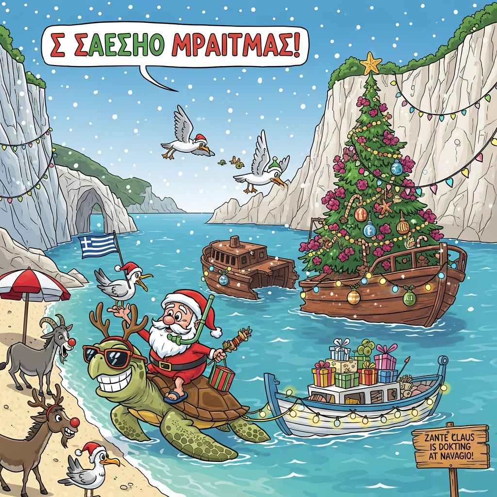 At the top of the Cartoon Style image, place the text: Καλά Χριστούγεννα Βίλμα!

Funny Christmas cartoon set on Zakynthos (Zante), focused on Navagio (Shipwreck) Beach. Exaggerated, big-headed characters, thick bold outlines, bright saturated colors. Centerpiece: “Zante Claus” — a jolly Santa in flip-flops and snorkel, riding a huge grinning Caretta-caretta sea turtle wearing reindeer antlers and sunglasses, towing a tiny light-strung Greek karavaki boat overflowing with presents (some wrapped like feta cubes, some olive-shaped baubles). The rusted shipwreck is decked out like a Christmas tree with twinkling fishing-float ornaments, bougainvillea garlands, and a starfish topper. Towering white cliffs wrapped in candy-cane fairy lights; turquoise water with playful snowflake-shaped foam swirls; a sprinkle of whimsical, confetti-like snow drifting over the sunny cove for comic contrast. Cheeky seagulls in elf hats try to steal a souvlaki from Santa; a beach donkey and a cliffside goat wear reindeer antlers and red noses, striking energetic poses. Blue Caves peep from the distance; a Greek flag bunting flutters near a taverna umbrella.

Add a small, funny extra line of text on a wooden sign near the shipwreck (one short line only): Zante Claus is docking at Navagio!

Style notes: playful cartoon vibe, expressive faces, chunky inked outlines, cel-shading, punchy palette (Aegean blues, coral reds, festive greens, sunny golds). Bright daylight with warm highlights and glowing Christmas lights. Keep ample clear sky at the top so the Greek greeting pops in bold, festive lettering (white with red outline and a subtle drop shadow).
Generated with these themes: Zakynthos, and .
Made with ❤️ by AI.