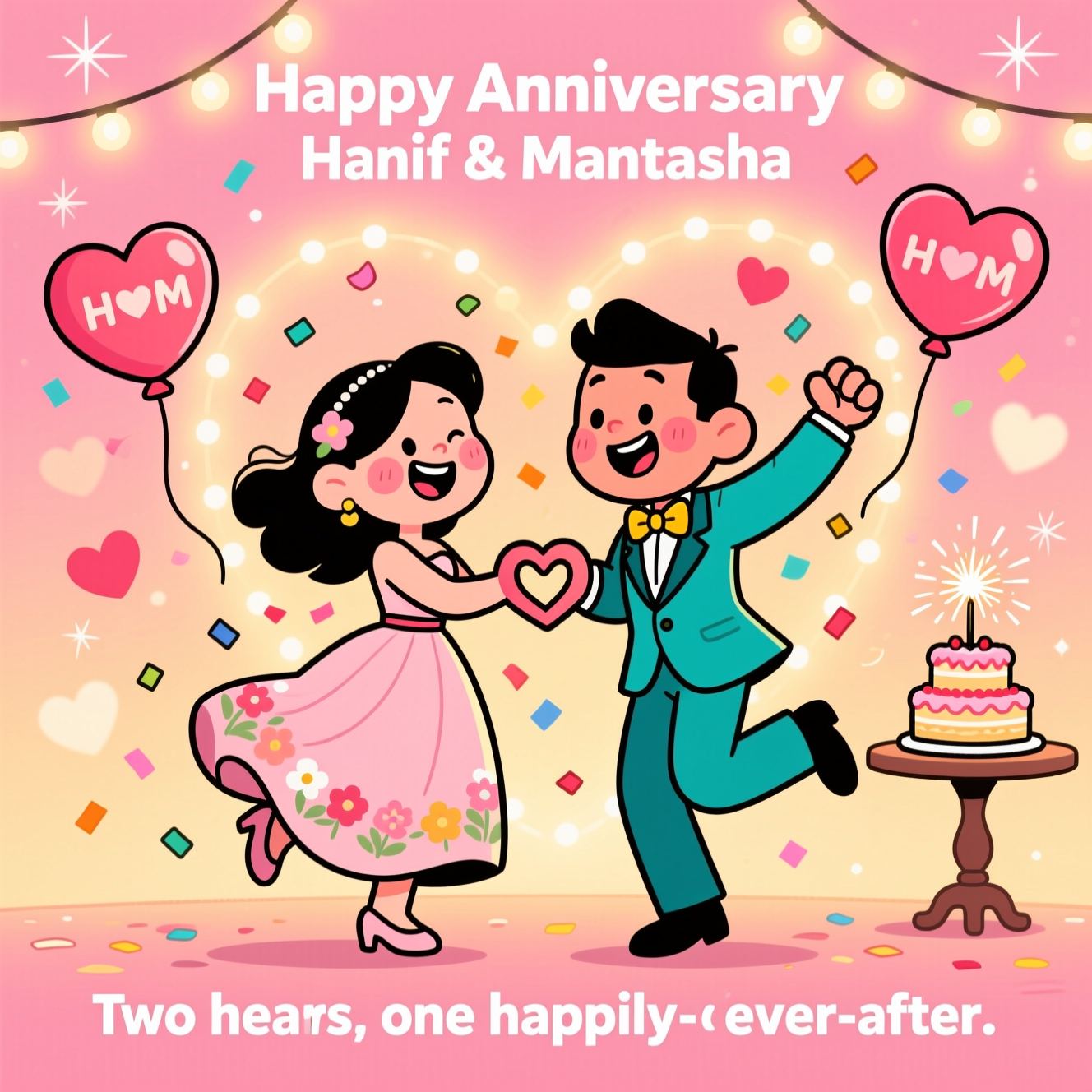 At the top of the Cartoon Style image, "Happy Anniversary Hanif & Mantasha"

At the bottom of the image, "Two hearts, one happily-ever-after."

- Center scene: A joyful married couple twirling in a playful dance, with exaggerated, cute proportions, big warm smiles, and rosy cheeks. Their hands meet to form a heart as confetti swirls around them.
- Style: Thick black outlines, bright saturated colors, whimsical energy, soft golden glow for a sincere, heartfelt mood.
- Setting: Heart-shaped balloons floating, twinkling string lights overhead, and a tiny two-tier cake on a side table with a small topper reading “H ♥ M” and sparklers.
- Wardrobe: He wears a crisp teal suit with a gold bow tie; she wears a flowing blush dress with floral accents. Both in celebratory poses—one leg kicked up mid-spin.
- Background: Soft pink-to-gold gradient with gentle heart bokeh and delicate sparkles to frame the couple and keep the text as the star.
Generated with these themes: , and .
Made with ❤️ by AI.