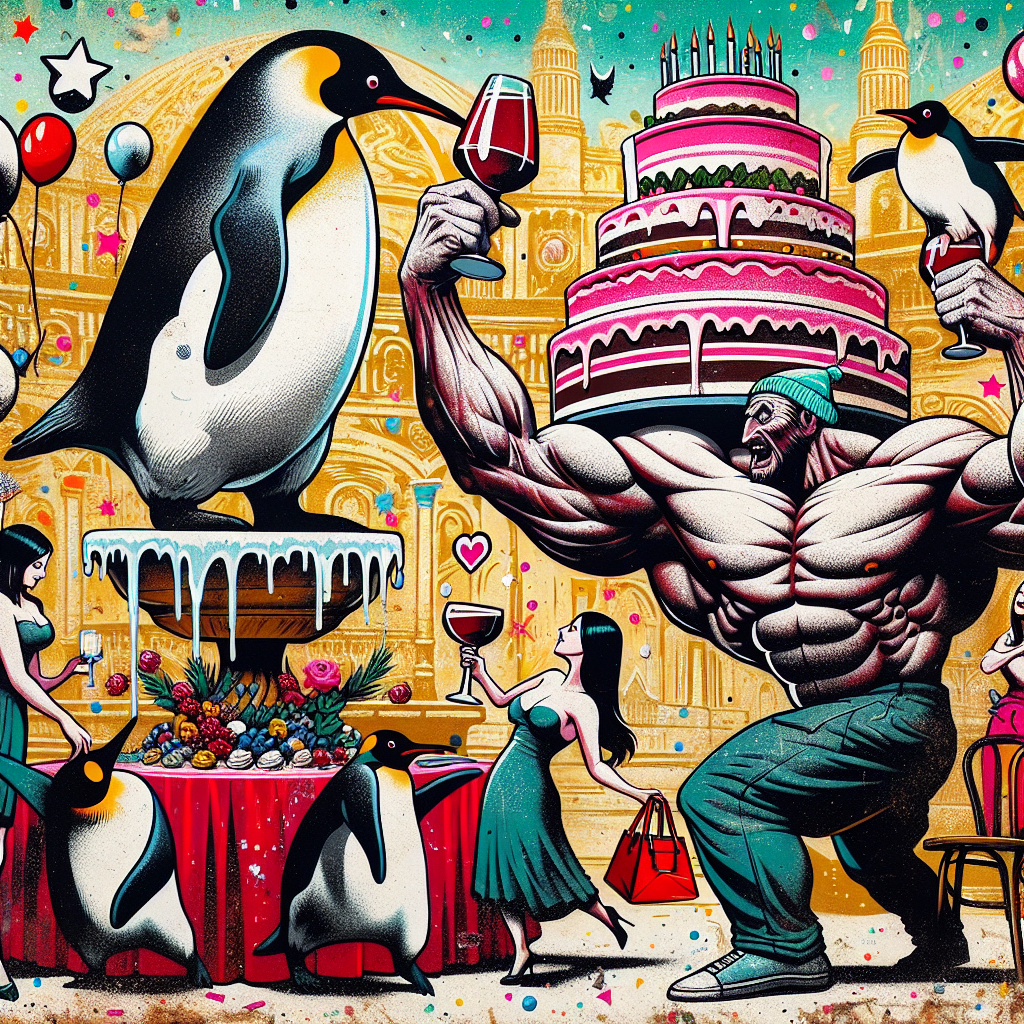 Create a festive and lively image illustrating a birthday party with a touch of urban artistry resembling the work of a pre-1912 artist, leaning towards bold and provocative aesthetics, likely associating with the artistic movement of Realism and often using stencils and mixed media. The central point of the illustration is a group of animated penguins carrying handbags, moving around an impressive wine fountain. Adjacent to them, there's an extraordinarily muscular man, skillfully stabilizing a towering birthday cake with one hand, while extending a glass of wine to his partner, who is a female, across the table, symbolizing the special moments of first dates. The scene is filled with vibrancy and vitality, perfectly suturing the joyful atmosphere of a birthday celebration.
Generated with these themes: Banksy, Wine, Handbags, Penguins, Worlds strongest man, and First dates.
Made with ❤️ by AI.