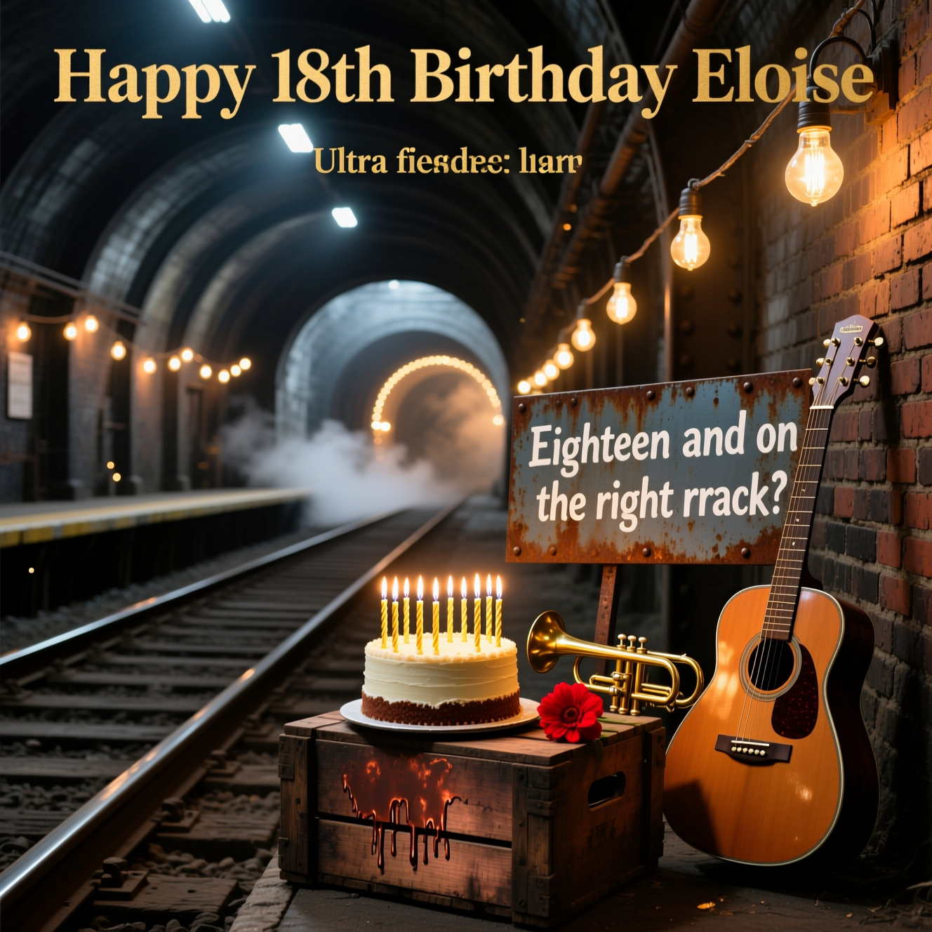 At the top of the Photorealistic picture taken from a camera image, Happy 18th Birthday Eloise

Ultra-high-definition 4K UHD, true-to-life photograph with accurate lighting, lifelike textures, and rich depth of field. A Hadestown-inspired real-world scene: an industrial underground railway platform of riveted iron and soot-dark brick, strung with warm Edison bulbs that trail into a dusky tunnel. Low-angle shot at rail height so the steel tracks lead the eye toward a softly glowing archway. Atmospheric steam drifts through shafts of tungsten light; dust motes sparkle.

In the foreground on a weathered wooden crate by the tracks sits a small round birthday cake with 18 slender candles, their golden flames reflecting in the polished rail. Beside it: a tarnished brass trumpet and a vintage acoustic guitar, with a single vivid red flower resting on the crate. Copper, amber, and charcoal palette; crisp textures of rust, wax drips, worn timber, and brick. Sincere, hopeful mood.

Top caption styling: “Happy 18th Birthday Eloise” set in a refined art-deco serif, warm brass tone with a gentle glow that harmonizes with the Edison bulbs.

Small secondary text integrated into the scene as part of the environment: painted in white stencil on a weathered metal sign near the rail ties, a single short line reads: Eighteen and on the right track.

Camera details: full-frame DSLR look, 50mm lens, f/1.8, ISO 200, 1/125s; shallow depth of field keeps the cake, flower, and sign tack-sharp while the bulbs bloom into creamy bokeh and the tunnel fades softly. Warm tungsten white balance; subtle lens bloom on candle flames; clean, cinematic realism.
Generated with these themes: Hadestown, and .
Made with ❤️ by AI.
