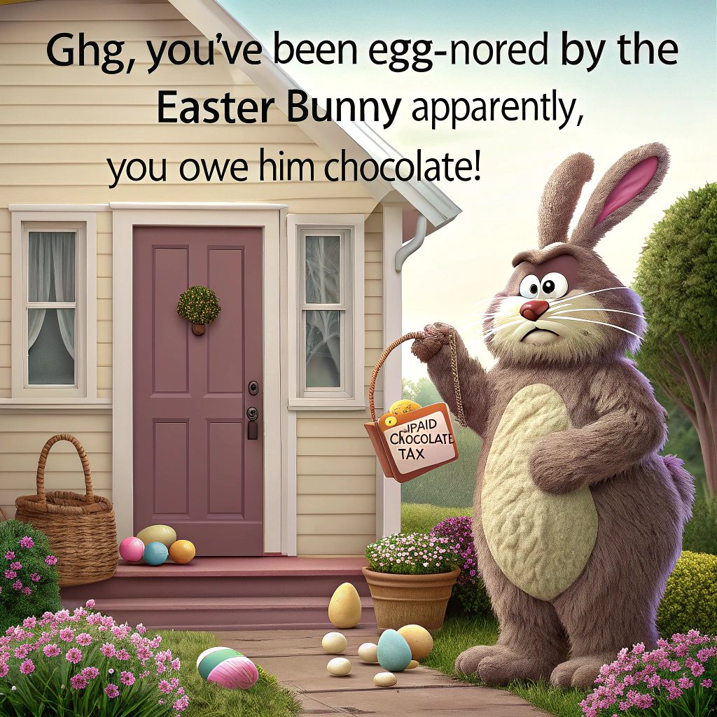 At the top of the realistic photograph image, "Ghg, you've been egg-nored by the Easter Bunny – apparently, you owe him chocolate!"  

- The image is a realistic, humorous scene of a bewildered person (could be Ghg) opening their front door to find a life-sized, grumpy-looking Easter Bunny tapping its oversized furry foot, holding an invoice labeled "Unpaid Chocolate Tax".  
- The setting is a cozy suburban front porch with pastel springtime decorations, baskets of half-eaten eggs on the ground, and tiny chocolate footprints leading up to the bunny.  
- Optional elements include confused neighbors peeking from behind curtains and a "Bunny Enforcement Unit" van in the background.
Generated with these themes:  .
Made with ❤️ by AI.
