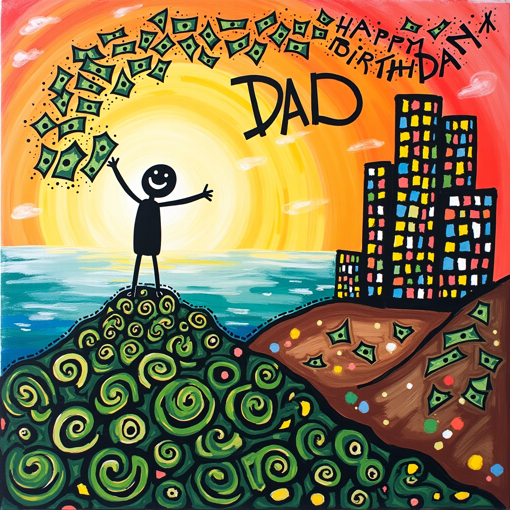 In the center of the card, a jubilant, playful stick figure stands atop a mound of swirling dollar bills, each one sporting intricate, abstract designs reminiscent of Kandinsky's vibrant color palette. The stick figure, with a whimsical grin, is joyfully tossing bills into the air, creating a shower of green and gold that cascades down like confetti. To the right, a Mondrian-inspired checkerboard skyscraper rises, painted in primary colors with bold black lines, symbolizing Maryland's dynamic blend of history and modernity. In the background, a sprawling landscape, Pollock-esque in its chaos, explodes with swirling brushstrokes and splatters, evoking the Chesapeake Bay's tumultuous waters. Above this lively scene, an abstract cloud formation in the style of Agnes Martin subtly spells out "Happy Birthday Dad," with the word "Dad" prominently formed by a flock of geometric, abstract birds soaring across a Rothko-like sunset, painted in hues of deep red and orange. The entire scene vibrates with an energetic harmony, echoing Miró's whimsical shapes and de Kooning's expressive movement, as a playful nod to the abstract masters, all the while centered on celebrating Dad's special day.
Generated with these themes: Money, Stick figure, and Maryland.
Made with ❤️ by AI.