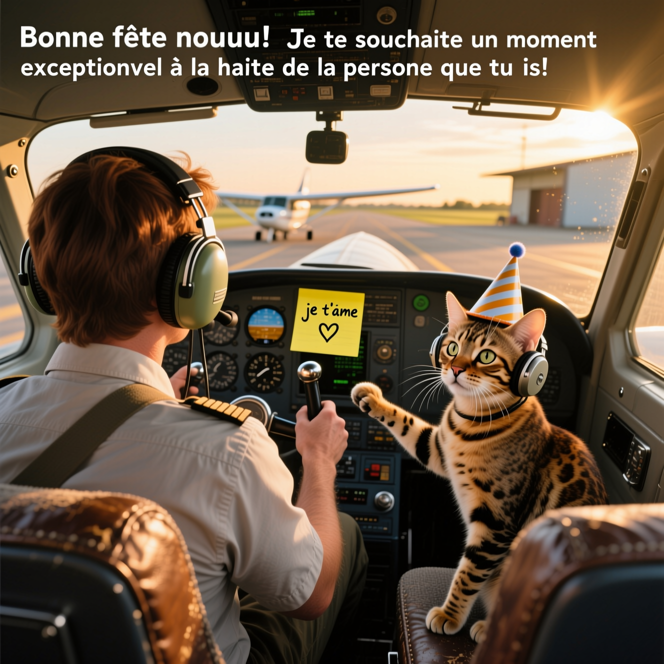 At the top of the Photorealistic picture taken from a camera image, Bonne fête nouuu ! Je te souhaite un moment exceptionnel à la hauteur de la personne que tu es ! J’espère que tu n’as pas peur des hauteurs, parce que cette année, on va grimper vers de nouveaux sommets !

Ultra-high-definition 4K UHD, true-to-life, humorous scene inside a Cessna 172 cockpit parked on the sunlit apron at golden hour. Over-the-shoulder composition of a brown-haired pilot seen from behind (pilote d’avion châtain de dos), wearing an aviation headset, hands lightly on the yoke. In the co-pilot seat: a Bengal cat with a sleek spotted coat, tiny aviation headset and a small birthday party hat, sitting upright with one paw cheekily reaching toward the yoke, bright curious eyes and whiskers catching the light. On the instrument panel, a yellow Post-it note clearly reads: “je t’aime ❤️❤️” in handwritten black marker. Outside the windscreen, softly defocused runway, hangar, and warm sky; interior shows realistic textures: worn leather seats, subtle scuffs on the yoke, metal rivets, reflections on the glass, faint dust motes in the sunbeam. Lighting: warm, directional sunlight through the windshield with soft, believable shadows. Depth: sharp focus on the pilot’s shoulders, Bengal cat, yoke, and Post-it; gentle bokeh outside for depth and atmosphere. Composition balances pilot on the left and Bengal cat on the right, horizon level, natural perspective from the rear cabin.

Add a small, playful one-line caption at the bottom-right in a clean sans-serif, unobtrusive: “Copilote félin: prêt au décollage.”

Camera specs for realism: full-frame DSLR look, 35mm lens, f/4, ISO 200, 1/500s. Ultra-detailed, accurate colors, natural grain, lifelike materials. No visible brand logos. Only visible text in-scene: the top headline, the Post-it “je t’aime ❤️❤️”, and the small caption.
Generated with these themes: Pilote d’avion châtain de dos, Cessna 172, Post-it écrit: je t’aime ❤️❤️, Bengal, and .
Made with ❤️ by AI.