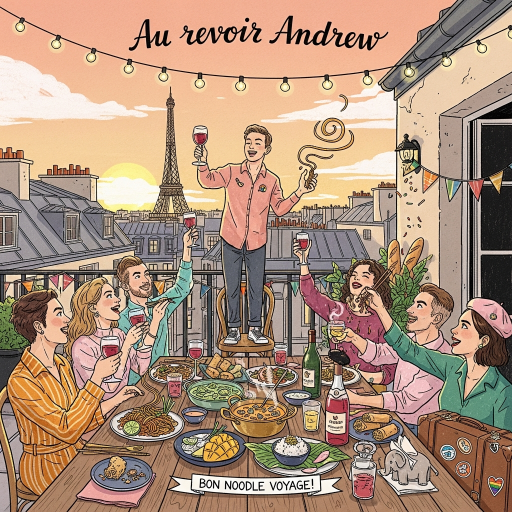 At the top of the Illustration Style image, hand-letter “Au revoir Andrew” in a playful, Parisian script, warm ink with textured brush strokes, gently arched along twinkling string lights.

Hand-drawn illustration with fine linework, textured brush strokes, balanced composition, and a warm, expressive color palette. Portrait orientation. Golden-hour rooftop terrace in Paris with the Eiffel Tower in the near distance and zinc rooftops under a peachy sky. A long rustic table is piled high with Thai food and wine: steaming pad thai with lime wedges, green curry in a brass pot, tom yum soup, mango sticky rice on banana leaves, spring rolls, and bottles/glasses of red, white, and rosé wine catching the sunset glow.

Eight friends—4 women and 4 men, diverse and stylish—gather laughing around the table. Center stage, Andrew stands on a café chair mid-toast, raising a glass of red wine, wearing a tiny rainbow enamel pin; friends reach up with glasses and chopsticks. Two men share a playful noodle strand with a wink; a woman dramatically tries to pick up a baguette with chopsticks; another woman sprinkles “confetti” chili flakes. Subtle rainbow bunting drapes the balcony rail, celebrating the gay vibe with warmth and humor. A swirling noodle in the air whimsically echoes the silhouette of the Eiffel Tower. A bottle of rosé wears a tiny paper beret, and a napkin holder shaped like a little elephant nods to Thai culture. A suitcase near Andrew’s chair sports travel stickers and a small rainbow heart.

Color mood: saffron, blush, burgundy, jade, and deep midnight blue accents. Keep faces expressive and joyful; lines crisp yet organic; brush textures visible on clothing folds, food steam, and sunset sky.

Add a small, cheeky ribbon at the bottom with one short line of text: “Bon noodle voyage!”
Generated with these themes: Wine, friends, Thai food, paris, gay, 4 women, 4 men , and .
Made with ❤️ by AI.