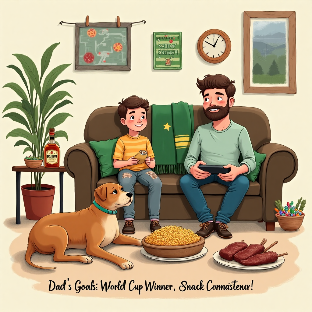 At the top of the Illustration Style image, place the text: **Happy Father’s Day**

### Image Prompt

Create a cute, hand-drawn illustration celebrating Father's Day. Imagine a charming scene where a father and child are sitting on a cozy couch, engaged in a lively game of FIFA. The room is adorned with Celtic-themed memorabilia, like a scarf draped over the couch and a small flag on the wall. On a nearby coffee table, a bottle of Don Julio tequila and a bowl of colorful Haribo candies add to the festive atmosphere.

In the foreground, a plate of delicious Jollof rice and a serving of succulent meat on the bone beckon appetizingly. Meanwhile, a friendly XXL bully dog lounges at their feet, contentedly watching the game. The room is filled with warm hues and soft lighting, creating a welcoming and heartwarming ambiance. 

Add a subtle, cheeky caption at the bottom that reads, "Dad's Goals: World Cup Winner, Snack Connoisseur."
Generated with these themes: Fifa, Celtic, Haribo , Don Julio, Jollof , Meat on the bone , XXL bully, and .
Made with ❤️ by AI.