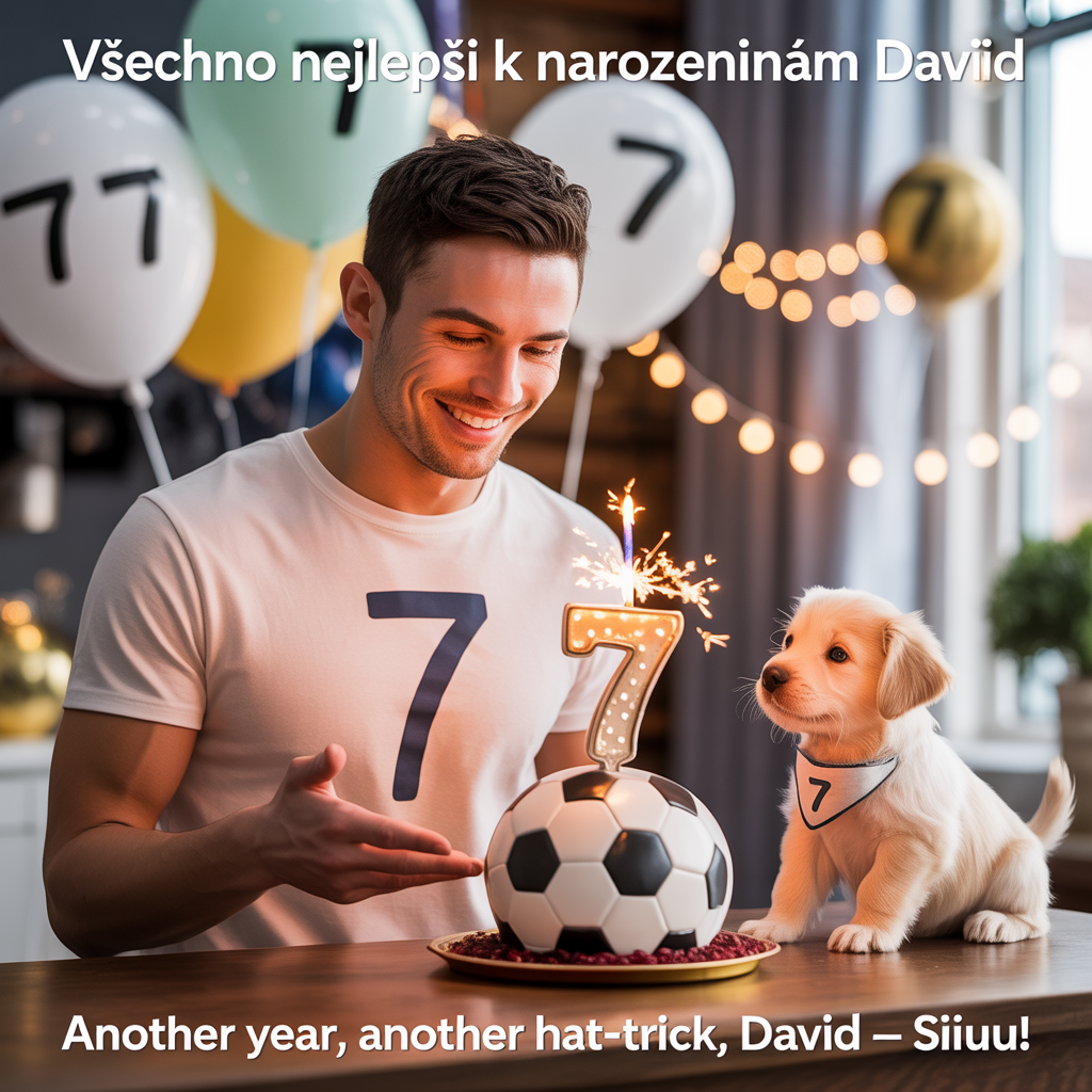 At the top of the Photorealistic picture taken from a camera image, "Všechno nejlepši k narozeninám David"

At the bottom of the image, "Another year, another hat‑trick, David — SIIUUU!"

A cute, ultra‑high‑definition 4K UHD, true‑to‑life birthday scene featuring Cristiano Ronaldo in a simple, logo‑free white shirt with a clean “7” on it, smiling warmly as he presents a soccer‑ball cake topped with a glowing sparkler “7” candle. Pastel balloons (white, mint, gold) and tiny football‑shaped confetti drift in the air; a playful golden retriever puppy in a tiny “7” bandana looks up at the cake. Soft golden‑hour window light, natural skin tones, lifelike textures, shallow depth of field with creamy bokeh; fairy lights twinkle in the softly blurred background. Portrait orientation; shot on a 50mm prime lens at f/2.0, ISO 200, 1/500s for crisp detail. Text is clean, bold white sans‑serif with a gentle drop shadow for readability, leaving comfortable negative space above and below; no team logos or brand marks anywhere.
Generated with these themes: Cristiano Ronaldo, and .
Made with ❤️ by AI.