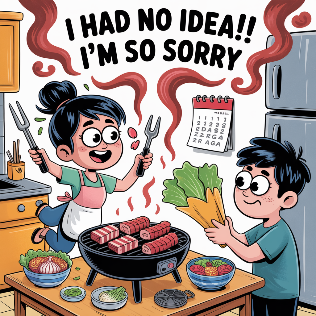Sorry to my wife for making her cook kbbq years ago, and Sympathy Card