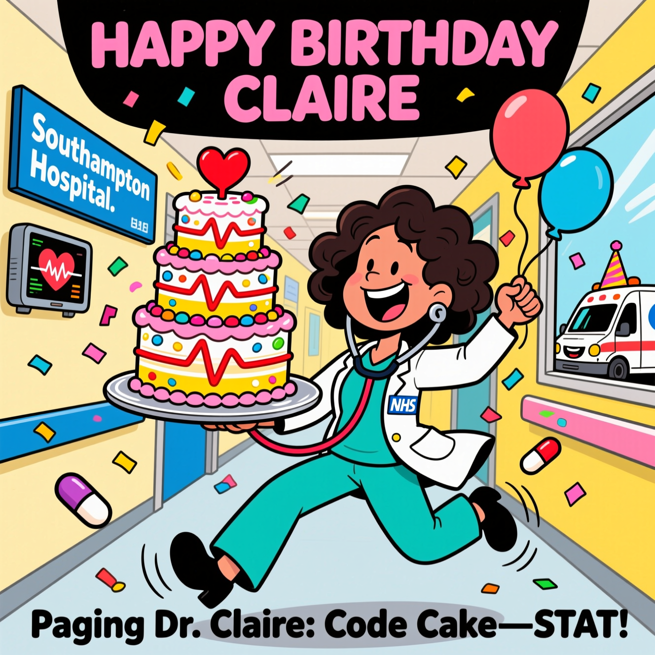 At the top of the Cartoon Style image, "HAPPY BIRTHDAY CLAIRE"

At the bottom of the Cartoon Style image, "Paging Dr. Claire: Code Cake—STAT!"

- In the center, depict a playful, exaggerated cartoon of a dark curly‑haired woman doctor in a lively hospital corridor labeled with a bold wall sign: “Southampton Hospital.” She’s in an energetic, triumphant pose, grinning as she balances a towering, three‑tier birthday cake on a silver tray. The cake is decorated with candy pill sprinkles, a fondant stethoscope looping around the tiers, and a red icing heartbeat squiggle. She’s tapping the cake with her stethoscope while confetti and pill‑shaped balloons float around.
- Style notes: thick black outlines, bright saturated colors (teal scrubs, sunny yellows, punchy pinks, NHS‑blue accents), whimsical proportions (slightly oversized head and hands), dynamic motion lines around the cake for comic wobble, cheerful lighting. Optional background gags: a cartoon heart monitor showing a party‑pulse, and a smiling ambulance peeking through a window with a tiny party hat.
Generated with these themes: .
Made with ❤️ by AI.