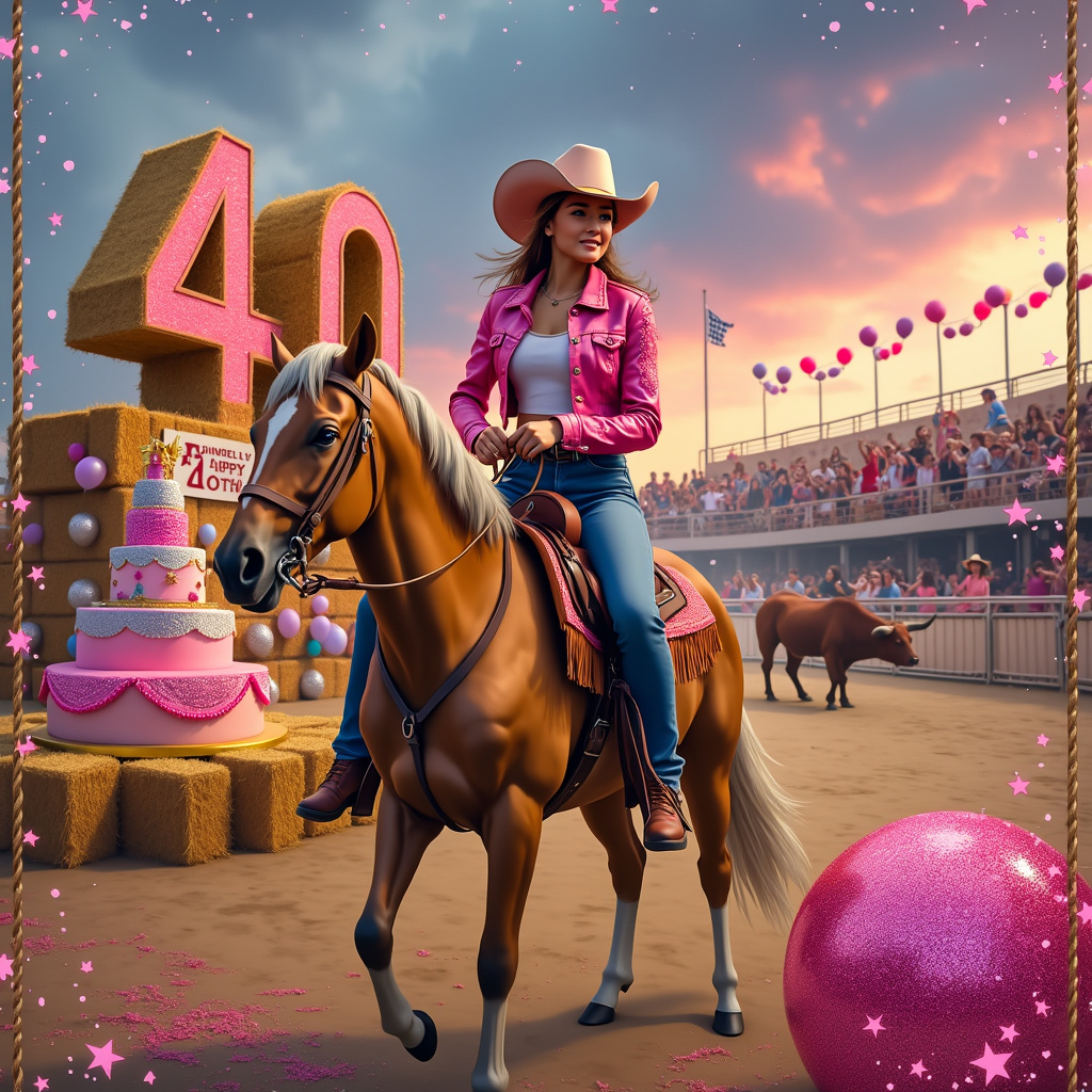 In the center of the scene, picture a lively rodeo arena under a twilight sky dusted with pink sparkles. The arena is surrounded by cheering cowgirls wearing vibrant, glittery pink bandanas and fringed jackets that catch the light like glitterballs. Front and center, a confident, radiant cowgirl is riding a majestic, well-groomed palomino horse. She wears a wide-brimmed, glitter-encrusted cowboy hat, and her denim jeans have intricate pink embroidery on the sides, sparkling as if kissed by stars.

To the left, a giant "40" made out of hay bales stands proudly, each hay bale dusted with pink and gold glitter. It’s adorned with colorful bunting and fairy lights, creating a festive atmosphere. In front of the hay bales, a birthday cake table is set up. The cake is a multi-tiered masterpiece: the bottom tier looks like a rodeo ring, complete with miniature horses and cowgirls; the middle tier mimics a glitterball, covered in shiny edible sequins; the top tier is a giant, sparkling number "40" with a lasso wrapped around it, symbolizing the milestone birthday.

In the background, you can see the rodeo stands filled with balloons in various shades of pink, silver, and gold, and a banner that reads "Happy 40th Birthday, Cowgirl!" in large, glittery letters. Scattered around the arena are pink confetti and glitter that twinkle as they catch the light. On the right side, there's a mechanical bull, also adorned with pink glitter, where kids and adults are taking turns riding, adding to the lively scene.

The entire card cover is bordered by a rope design, twisted and adorned with small pink gemstones and glitter, adding a final touch of sparkle to this celebratory 40th birthday rodeo extravaganza.
Generated with these themes: 40th birthday , Rodeo, Pink sparkles , Glitterball , and Cowgirl .
Made with ❤️ by AI.