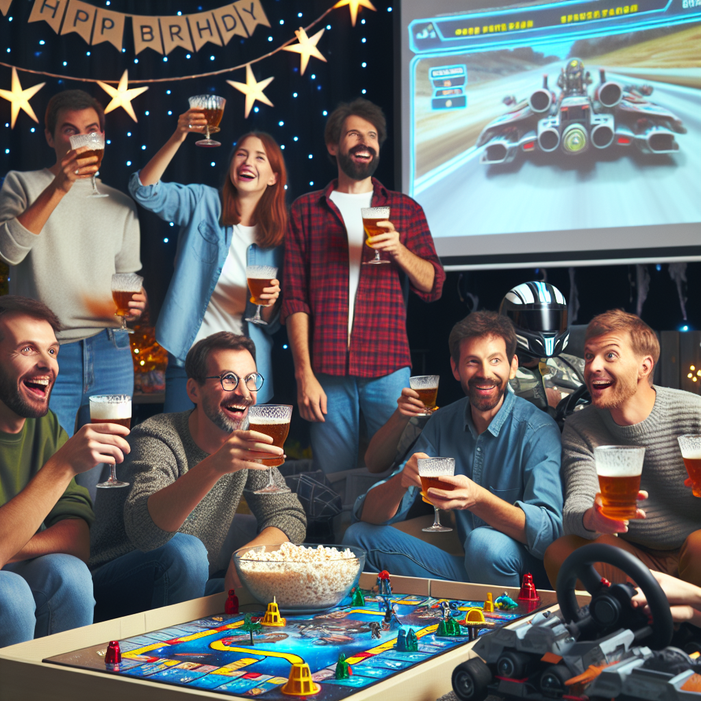 Board games, Video games, Hot chocolate, Go karting, Star wars, and Beer Birthday Card