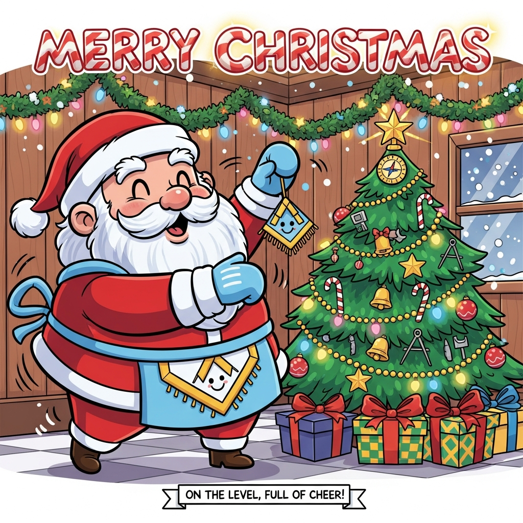 At the top of the Cartoon Style image, Merry Christmas in candy-cane striped lettering with a warm golden glow and falling-snow sparkle.

A big, cute, playful cartoon Santa styled as a friendly Freemason: jolly round belly, twinkly eyes, rosy cheeks, puffy white beard, bright red suit with thick black outlines, white gloves, and a light-blue Masonic apron with gold trim and a cheerful square-and-compasses emblem. He’s mid-pose, energetically hanging a shiny square-and-compasses ornament on a lush, sparkling evergreen Christmas tree. The tree bursts with saturated colors: glowing fairy lights, candy canes, star and bell baubles, and tiny tool-shaped ornaments (squares and compasses), topped with a bright star that hints at a compass motif. Cozy lodge-like setting with a soft black-and-white checker floor, garlands and twinkle lights along wooden walls, and a window showing gentle snowfall. Wrapped gifts with bold geometric patterns and big bows nestle under the tree. Exaggerated proportions, thick outlines, bright saturated reds, greens, blues, and golds, soft shading and glossy highlights, whimsical motion lines, cute sparkles and snowflakes, overall adorable, festive, and energetic.

At the bottom, a tiny ribbon caption reads: On the level, full of cheer!
Generated with these themes: .
Made with ❤️ by AI.