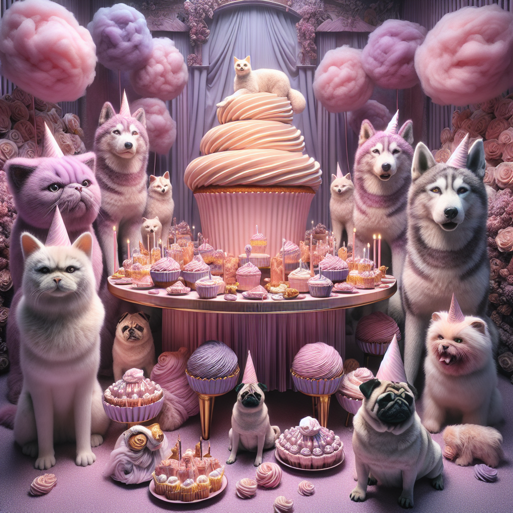 Kitty cats, Huskies, Cupcake, Candy floss, Pugs, Lilac, and Light pink Birthday Card