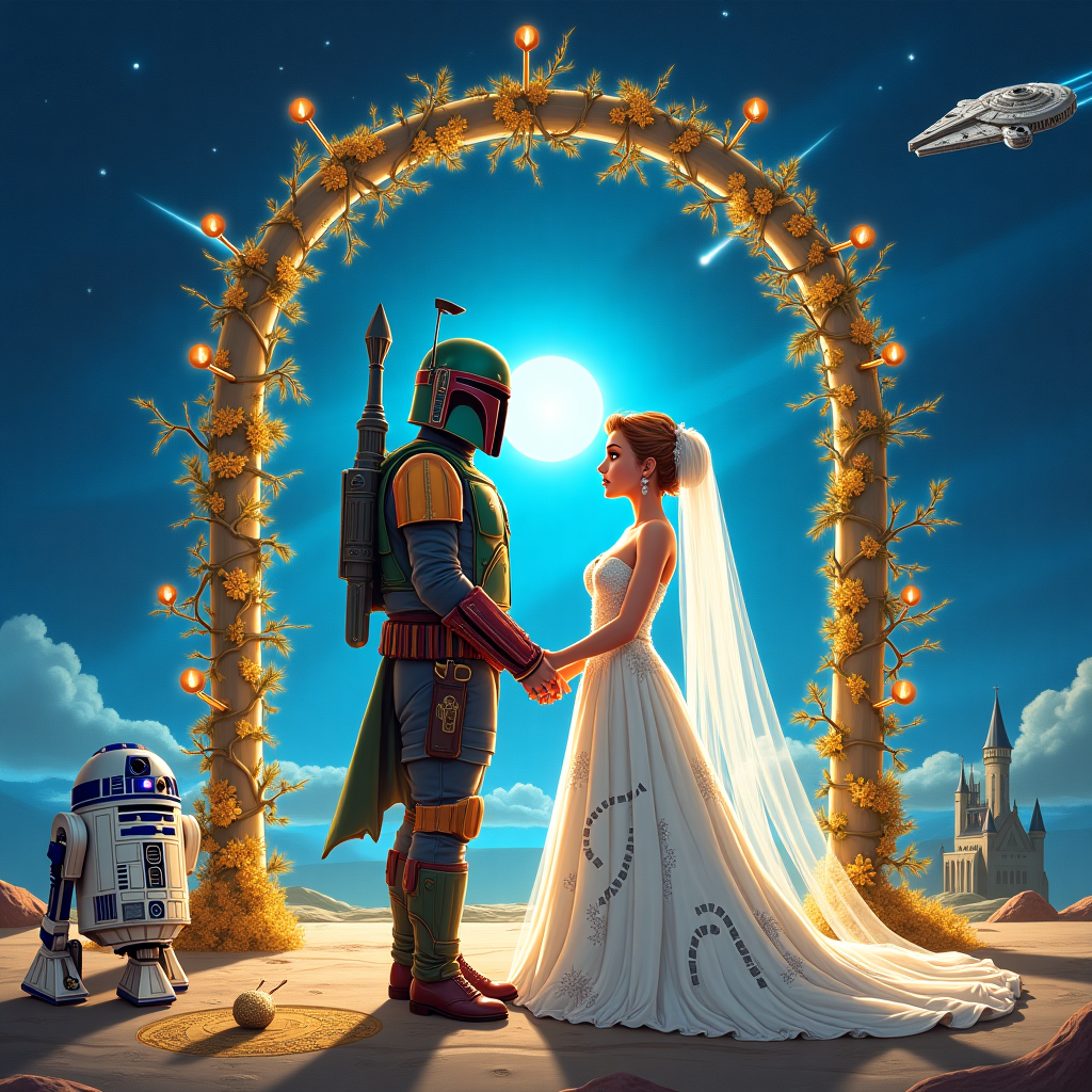 Front Cover Illustration:

**Background:**
The scene is set in a dazzling cosmic landscape, with a sprawling star-filled sky. Hogwarts Castle majestically floats in the distance, its iconic towers casting intricate shadows against a vivid, deep blue backdrop sprinkled with twinkling stars. Above, twin suns cast a soft, ethereal glow, adding a fantastical dimension. The Millennium Falcon, in a burst of speed, streaks across the sky, leaving a trail of shimmering light.

**Foreground:**
- **The Couple:** Center stage are the bride and groom. The groom, resplendent in Boba Fett's armor, is detailed with silver and gold accents that catch the light. His helmet, a polished masterpiece, is under his arm as he extends his hand to the bride.
- **The Bride:** Her gown is a flowing masterpiece of white, adorned with golden Snitches that seem to dance with every fold. Swirling embroidery captures the essence of the Marauder’s Map, with footsteps tracing a whimsical path across the fabric. Near her heart, the Hogwarts crest is elegantly woven into the gown. Her wand, entwined with a mini lightsaber hilt, softly emits a mystical glow—a perfect blend of magic and the Force.

**Wedding Arch:**
The arch is a dazzling construction of lightsabers entwined with enchanted vines. The lightsabers pulse gently in hues of blue and green, casting dynamic shadows on the ground. Floating candles, reminiscent of Hogwarts’ Great Hall, hover, casting a warm, inviting glow.

**Ground Details:**
At their feet, the iconic Deathly Hallows symbol and the Rebel Alliance insignia are etched subtly into the ground, merging the worlds seamlessly.

**Additional Elements:**
- **R2-D2:** Off to the side, R2-D2 stands animatedly, his dome projector casting a bright hologram of the couple's vows into the air.
- **Golden Snitch:** A mischievous Golden Snitch flits around the couple, a tiny wedding ring secured on one of its delicate wings.
- **Text Elements:** Above the couple, golden script glimmers, spelling out: "Across Galaxies & Through Every Spell—Together, Always." In a playful touch, "Emma & Sean" is inscribed on a floating banner being towed by a small, animated ship in the sky, tying the whole scene together.

This vibrant and whimsical illustration merges the magic of two beloved universes, capturing a moment of unity and celebration in a style that echoes the playful charm and imagination of classic cartoonists.
Generated with these themes: A breathtaking cosmic wedding setting where the magic of Harry Potter meets the adventure of Star Wars. Hogwarts Castle floats in the distance, its towers silhouetted against a starry sky, while the Millennium Falcon streaks past twin suns.  The groom, clad in Boba Fett’s Mandalorian armor with elegant silver and gold accents, stands proudly, his helmet tucked under one arm. He reaches out to his bride, who wears a stunning wedding gown inspired by Harry Potter—flowing white with delicate embroidery of golden Snitches and swirling patterns resembling Marauder’s Map footprints. A shimmering Hogwarts crest is subtly woven into the fabric near her heart. In her hand, she holds a wand entwined with a mini lightsaber hilt, glowing softly with both magic and the Force.  Their wedding arch is an enchanting fusion of lightsabers and enchanted vines, softly pulsing with blue and green hues. Floating candles from Hogwarts hover around them, casting a warm glow. At their feet, the Deathly Hallows symbol and the Rebel Alliance insignia are subtly etched into the ground, symbolizing their bond.  To the side, R2-D2 beeps excitedly as he projects a hologram of the couple’s wedding vows, while a mischievous Golden Snitch flits around, carrying a tiny wedding ring.  Above them, golden floating script shimmers in the air, reading: "Across Galaxies & Through Every Spell—Together, Always.".
Made with ❤️ by AI.
