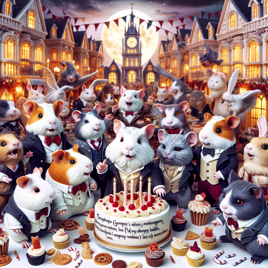 Visualize a whimsical birthday celebration absorbed in joy and friendship. The festive scene is bustling with guinea pigs and cats, each adorning unique outfits reminiscent of characters from a popular vampire-themed TV show. The guinea pigs are sporting dapper looks outfitted in stylish vests and bowties engaging with the elegantly attired cats. Behind the adorable gathering, the impression of a quaint town - complete with a distinctive clock tower - is discernible. Scattered around are party hats and cupcakes, the latter being special for being decorated with famous sayings from an unnamed vampire-themed TV show. The centerpiece is a fantastic birthday cake whimsically decorated beyond imagination, adding the cherry on top to this extraordinary celebration.
Generated with these themes: Guinea pigs, The vampire diaries tv show, and Cats.
Made with ❤️ by AI.