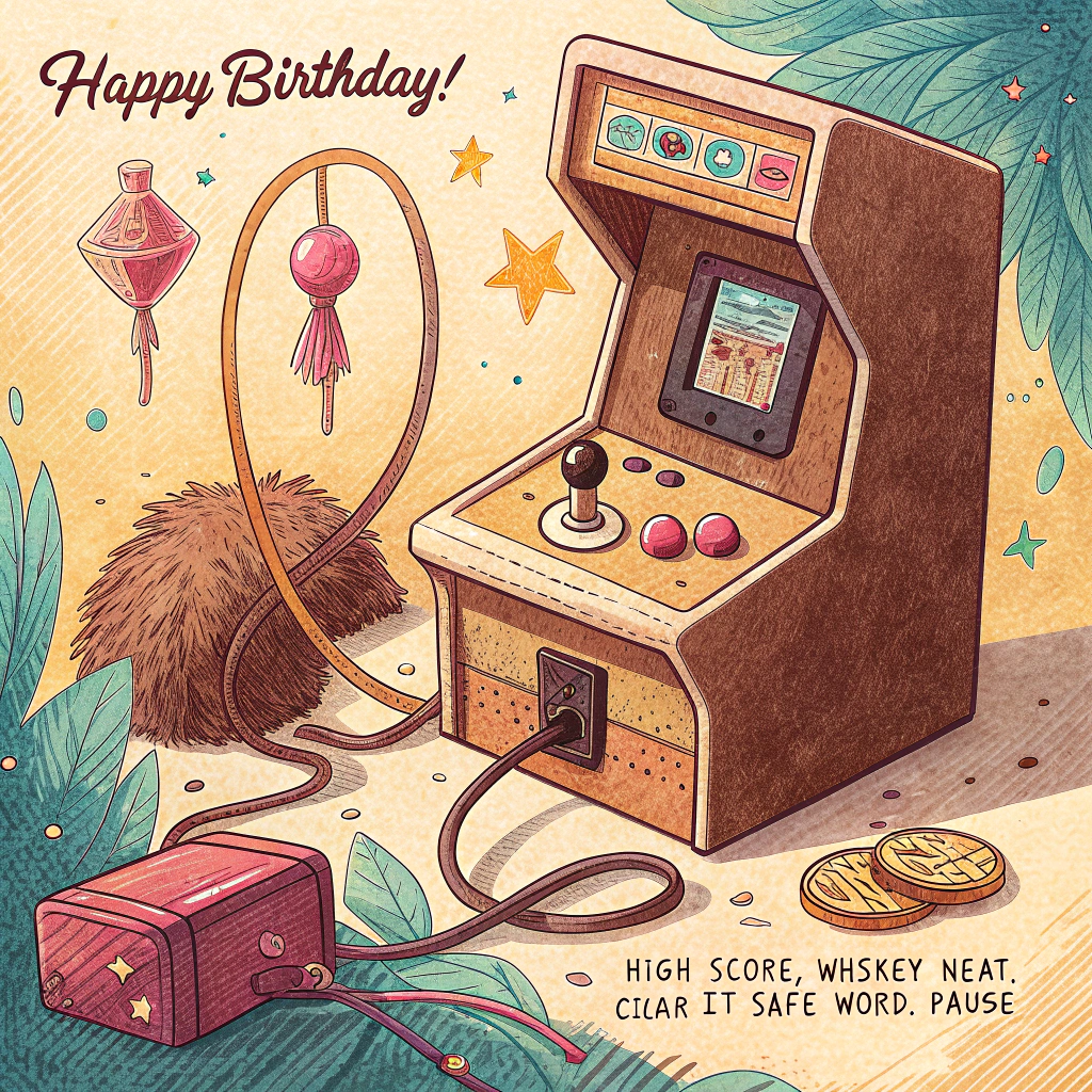 At the top of the Illustration Style image, "Happy Birthday!"

At the bottom of the image, "High score, whiskey neat, cigar lit — safe word: Pause."

- Hand-drawn illustration with fine linework and textured brush strokes, warm expressive palette of amber, tobacco brown, cream, and pops of neon magenta/teal.
- Center stage: a retro 80s arcade cabinet in a soft 3/4 view. The joystick is cheekily wrapped in a leather harness; fuzzy handcuffs dangle from the coin slot. A small sticky note on the panel reads “Safe word: PAUSE.”
- On the left foreground: a heavy-bottomed glass of whiskey served neat, glowing amber with warm highlights, subtle condensation on the glass, resting on a circular leather coaster.
- On the right foreground: a classic fat cigar in a pixel-heart ashtray; the smoke curls into 8-bit hearts and lightning bolts, drifting upward toward the headline.
- Background vibe: neon grid floor fading into a soft vignette; scattered 80s/90s pop artifacts—cassette tape, VHS, floppy disk, a Rubik’s cube—loosely arranged to keep the composition balanced.
- On the arcade screen: playful pixel sprites (generic block shapes and space-invader style dots), confetti bursts, and starbursts—no brand IP.
- Typography: top headline in bold retro arcade block letters with fine-line outlines; bottom punchline hand-lettered on a ribbon banner for emphasis.
- Lighting: warm screen glow rim-lighting the cabinet edges; gentle paper grain texture across the whole image.
- Overall mood: cheeky, nostalgic, and celebratory—video-game victory meets lounge-lizard luxe with a playful wink to kink.
Generated with these themes: Cigars, Whiskey, Video games, 80s/90s pop culture, Kink/bdsm, and .
Made with ❤️ by AI.