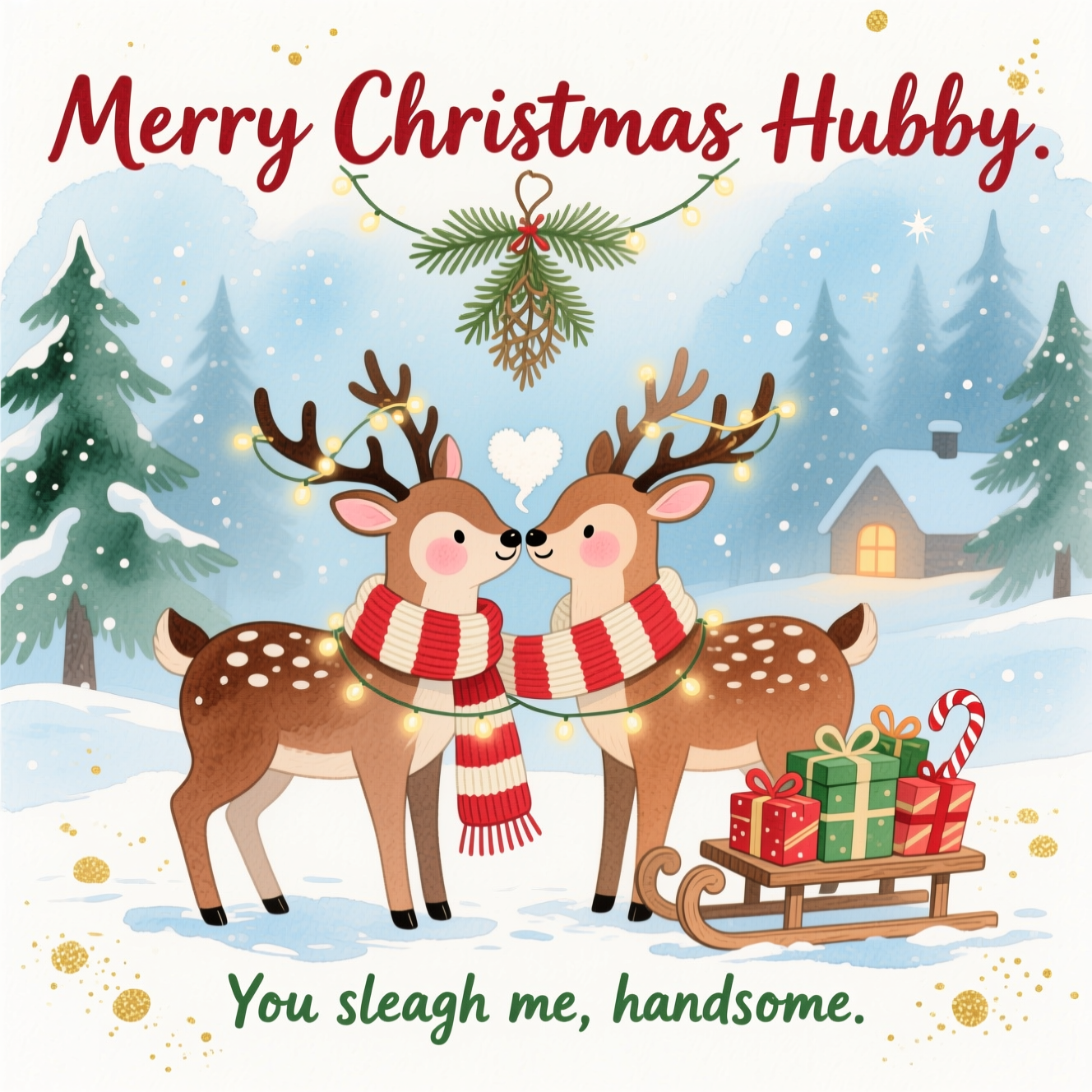 At the top of the Watercolor Style image, "Merry Christmas Hubby"

At the bottom of the image, "You sleigh me, handsome."

- Center scene: Two adorable watercolor reindeer, noses touching with rosy cheeks, antlers gently tangled in tiny twinkling fairy lights. They’re cozied up in one long knit scarf (holly red and cream stripes), with a small wooden sleigh beside them piled with wrapped gifts and a candy cane peeking out. A little heart-shaped puff of breath floats between their noses, and a sprig of mistletoe hangs above.
- Background: Soft snowy pine forest dissolving into a misty powder-blue twilight wash; delicate falling snow and faint starry speckles; a distant warm cottage glow for coziness.
- Palette: Pine greens, cranberry reds, cinnamon browns, cozy creams, and powder blues, with soft gold watercolor splatter accents for festive sparkle.
- Technique: Soft watercolor washes with delicate gradients, subtle pigment blooms, and visible cold-pressed paper texture; wet-on-wet blends, minimal linework, airy negative space around the lettering.
- Lettering style: Top line in hand-painted brush script, deep holly red with a gentle watercolor bloom and a light gold speckle; bottom punchline in smaller pine green brush lettering, clean and playful.
Generated with these themes: Merry Christmas Hubby , and .
Made with ❤️ by AI.