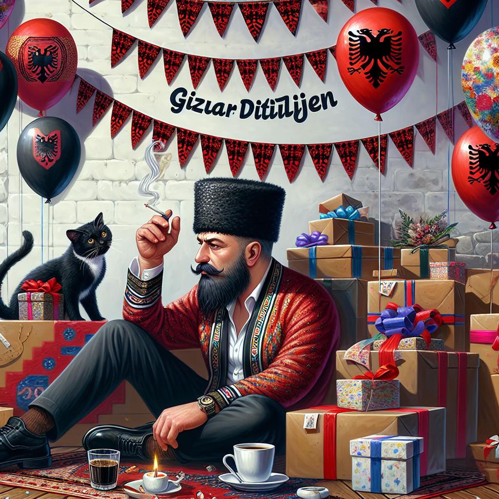 Gezuar ditëlindjen , Tuxedo cat, Albanian man with beard, Cigarette and coffee, and Albanian Birthday Card
