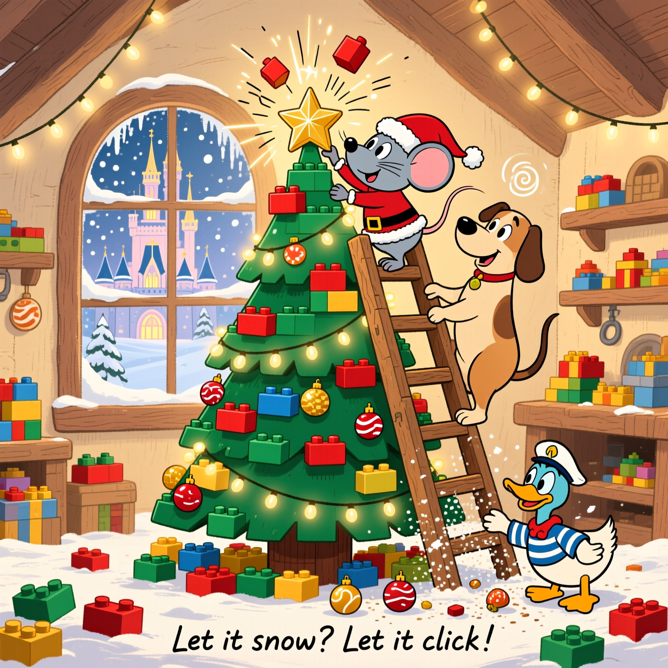Hand-drawn illustration with fine linework and textured brush strokes, warm expressive Christmas palette (pine green, candy-apple red, gold, cozy amber). Funny scene: in a snug toy workshop, a towering Christmas tree built entirely from colorful LEGO bricks takes center stage. A classic Disney-style round-eared mouse in a Santa hat teeters on a wobbly brick-built ladder, pressing a star onto the studded treetop as bricks pop off with comic “click” motion lines. A tall, goofy dog friend steadies the ladder, while a grumpy sailor duck below gets dusted by tumbling ornaments made of mini brick builds. Twinkling fairy lights wrap the tree; through a frosty window, soft snowfall and a dreamy Disney castle silhouette glow in the distance. Exaggerated cartoon expressions, sparkly magic swirls, balanced composition (tree centered, characters flanking, scattered foreground bricks), soft paper grain, gentle shading, full-bleed portrait, no logos.

Include a small, hand-lettered brush caption at the bottom (one short line only): “Let it snow? Let it click!”
Generated with these themes: Disney, Lego , and .
Made with ❤️ by AI.