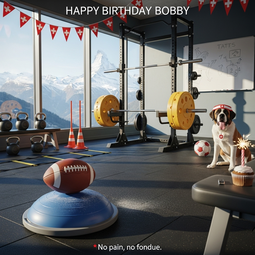 At the top of the Photorealistic picture taken from a camera image, Happy Birthday Bobby

Ultra high-definition 4K UHD, photorealistic, funny mood: a sunlit modern alpine gym in Switzerland with floor-to-ceiling windows framing the snow-capped Alps (Matterhorn in the distance). Foreground focus: a classic black-and-white football balanced on a blue BOSU wobble board, chalk dust drifting in the warm morning light. Just behind it, a squat rack holds a barbell loaded with novelty Swiss-cheese wheel plates (holey, golden texture), resting on black rubber flooring scuffed from training. Along the wall: kettlebells shaped like polished cowbells, an agility ladder and cones for football drills, and a tactics whiteboard with sketched arrows. Red-and-white Swiss bunting drapes overhead. For a playful touch, a friendly St. Bernard “coach” wearing a tiny red sweatband with a white cross and a whistle sits proudly by the rack, tongue out. A small protein cupcake with a sparkler candle glows on the bench, hinting at the birthday. Natural, accurate lighting, lifelike textures, rich depth of field; shallow DOF with crisp focus on the football and cheese-barbell, background Alps softly blurred. Clean alpine blues and whites with pops of Swiss red. Shot on a full-frame DSLR, 50mm prime, f/2.8, ISO 200.

Small caption near the bottom in playful Swiss-red type: No pain, no fondue.
Generated with these themes: Training at the gym, Football, Switzerland, and .
Made with ❤️ by AI.