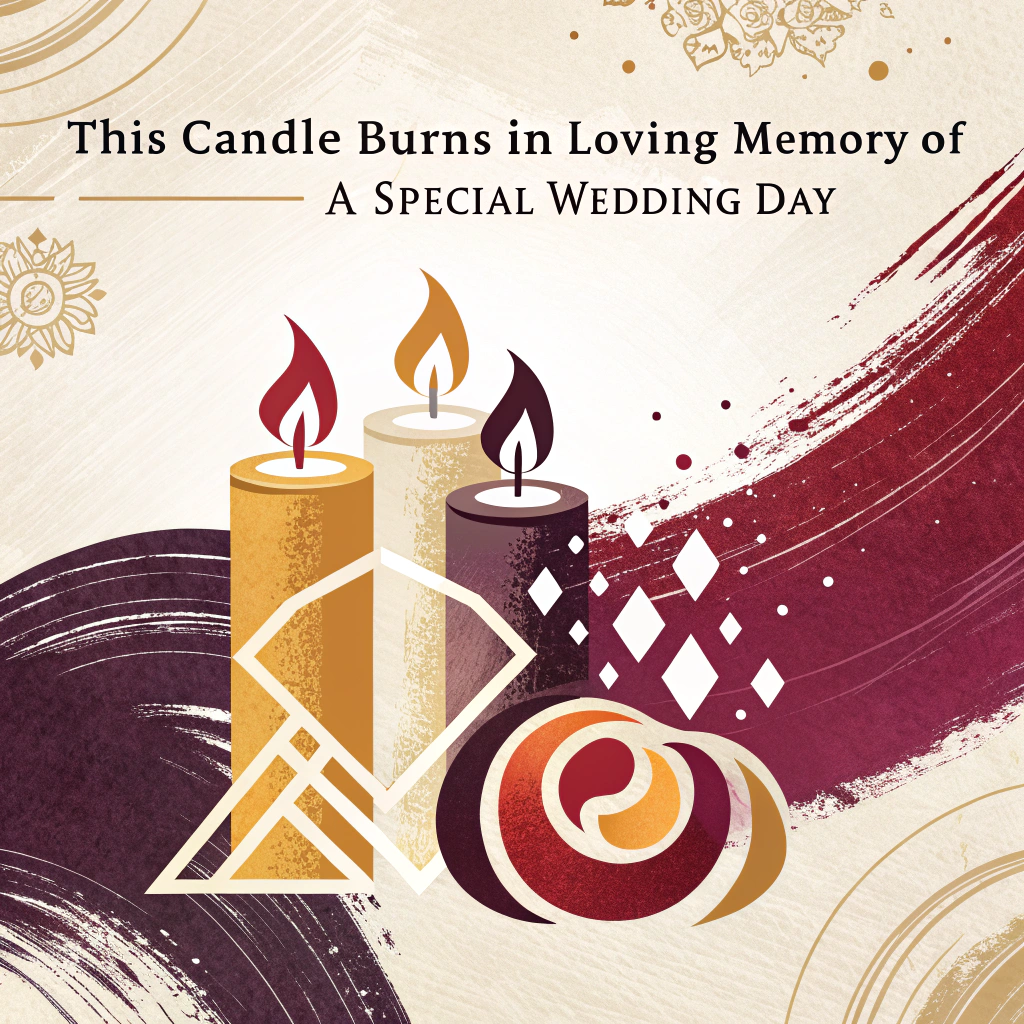 At the top of the image, "This candle burns in loving memory of a special wedding day":

- In the center of the image, create an abstract composition of geometric and fluid shapes that intertwine, representing two unity candles merging into a single flame. The colors are high-contrast, with warm golds, passionate reds, and deep purples, symbolizing love, unity, and the depth of commitment. The brush-stroke textures swirl dynamically around the central flame, suggesting movement and the passage of time in a striking and contemporary style.

- At the bottom of the image, add the text "May your love light the way to a beautiful forever!"
Generated with these themes: Candle burning , and .
Made with ❤️ by AI.