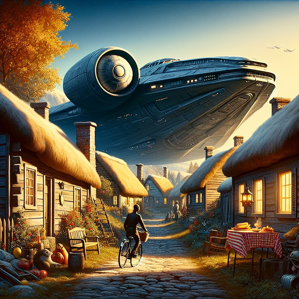 Imagine a heartening scene of an old-fashioned village nestled against a sci-fi backdrop. The focal point is a sleek, futuristic spaceship similar in design to popular sci-fi movies, parked cozily by rustic houses. You're strolling through on a classic bicycle, echoing the nostalgia of well-loved fairy tales. There's a wonderful scent of grilled hot dogs wafting through the air, invoking a sense of comfort and celebration. This image marries simple joys with the grandeur of epic narratives, all to celebrate an impressive milestone.
Generated with these themes: Star Wars, Beauty and the Beast, bike rides, hot dogs.
Made with ❤️ by AI.
