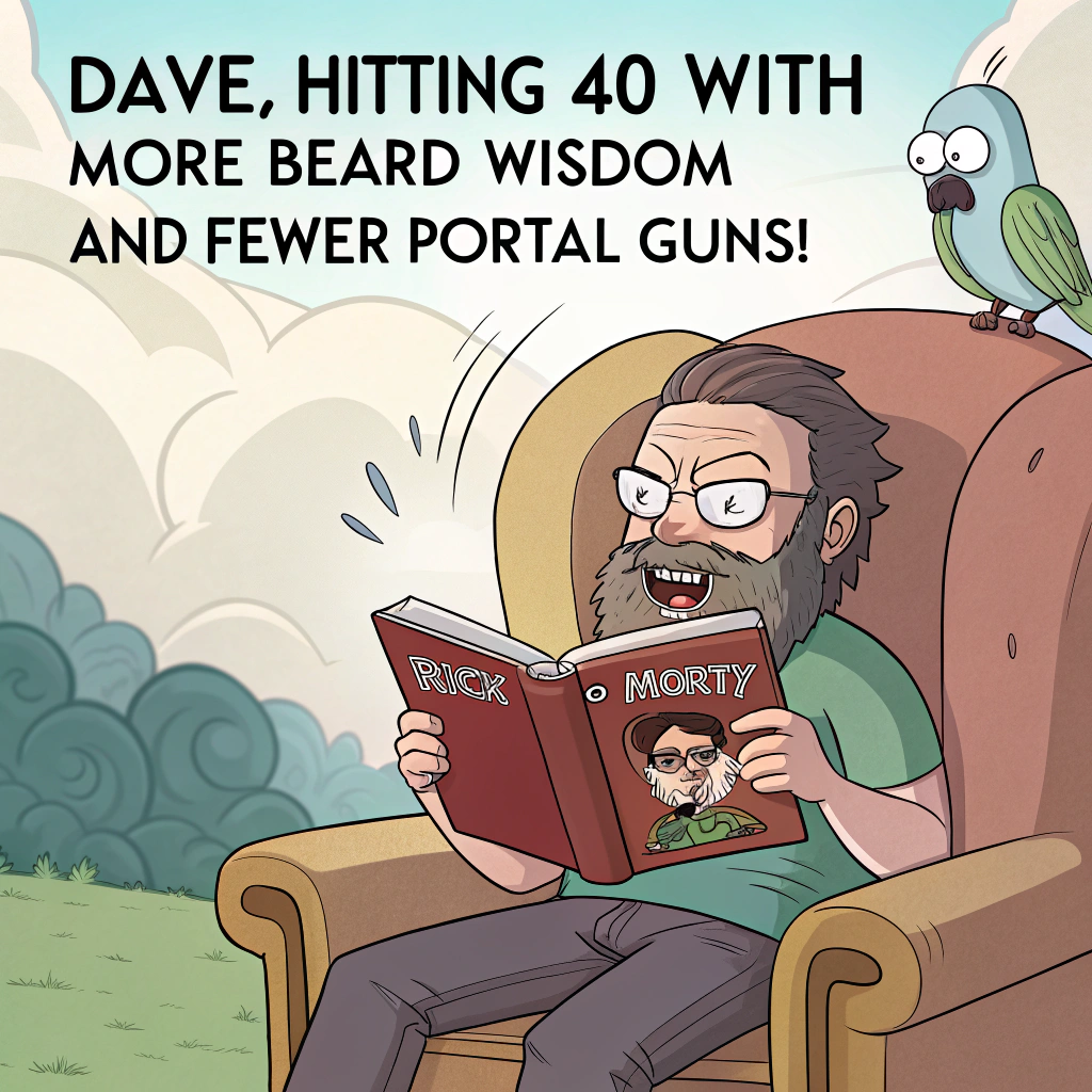 At the top of the image, "Dave, hitting 40 with more beard wisdom and fewer portal guns!"

- In the center of the image, depict a cartoon scene of a bearded man (Dave) lounging in an overstuffed armchair. He's wearing a bright "Rick and Morty" T-shirt, with Morty looking panicked and Rick nonchalantly shrugging — both characters reacting to the scene unfolding.

- Dave is deeply engrossed in a comically thick book titled "The Hitchhiker’s Guide to Turning 40," with oversized reading glasses slipping down his nose.

- Scattered around him are absurd “midlife crisis survival items” like anti-aging cream labeled “Too Late,” a half-inflated yoga ball being used as a footrest, and a novelty coffee mug reading “40 and Wubalubadubdone!”

- Behind Dave, a floating portal opens with cartoon Rick poking his head out, yelling, “Daaaaaave! Forty? Time to interdimensionally chill!”

- Overall color palette is vibrant with neon greens and cosmic blues for the portal, soft browns and oranges for the cozy reading area, and lots of humorous facial expressions.

- The mood is silly, cheeky, and packed with nerdy charm perfect for a birthday chuckle.
Generated with these themes: Bearded man reading with a rick and morty top , and Turning 40.
Made with ❤️ by AI.