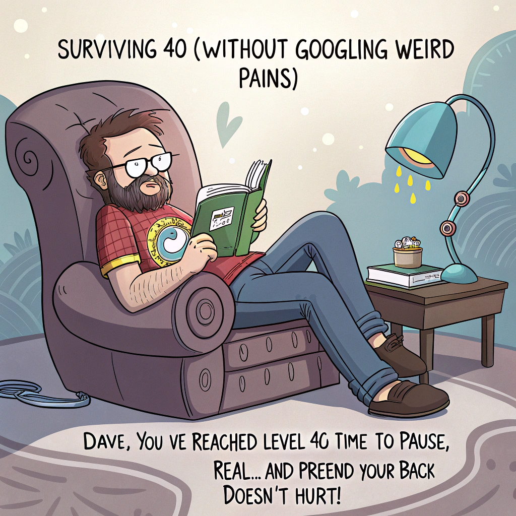 At the top of the image, "Dave, you've reached Level 40 — Time to Pause, Read... and Pretend Your Back Doesn't Hurt!"

- Illustrate a quirky cartoon-style scene featuring Dave: a bearded man lounging in an overstuffed armchair shaped like a portal gun, wearing a vibrant Rick and Morty t-shirt, reading a massive book titled “Surviving 40 (Without Googling ‘Weird Back Pains’)”.
- Around him, there's floating sci-fi clutter—glowing crystals, weird alien snacks, and a Plumbus on the side table next to a birthday cupcake with 40 candles erupting like a mini wormhole.
- Dave's glasses have slid halfway down his nose as he peers at the book with intense concentration while a tiny Rick and Morty pop out of a TV yelling “Wubba Lubba *Ouch My Lumbago!*”
- A cat wearing a lab coat naps beside him on a hover-board shaped rug.

Add at the bottom of the image:  
"Don’t worry, 40’s just 20... with more hair in weird places and a better reading lamp!"
Generated with these themes: Bearded man reading with a rick and morty top , and Turning 40.
Made with ❤️ by AI.