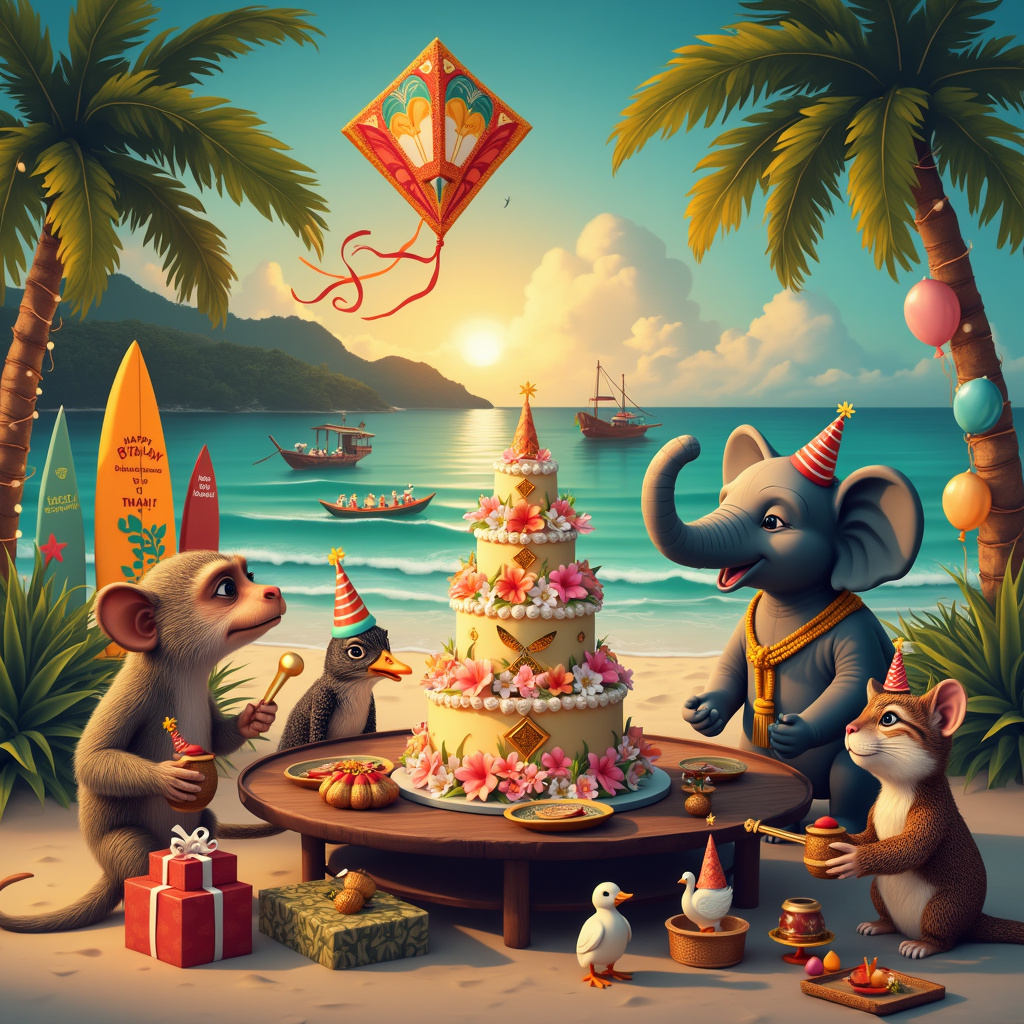 Imagine a vibrant birthday celebration set on a stunning Balinese beach, blending whimsical details and quirky elements. In the foreground, a large, intricately decorated birthday cake, shaped like a traditional Balinese pagoda, is perched atop a rustic wooden table. The cake is adorned with colorful tropical flowers and tiny, delicate offerings in little woven baskets, a nod to the Balinese culture.

Gathered around the table are a lively group of anthropomorphic animals dressed in traditional Balinese attire. There’s a monkey with a bright golden sash and a flower tucked behind its ear, playing a set of small, traditional Balinese gamelan instruments. A friendly, smiling lizard wearing a sarong and holding a festive party horn stands next to a sophisticated cat in an ornate headdress, blowing bubbles from a coconut shell.

To the left of the table, a joyful elephant, donning a batik-patterned cloth around its back and balancing a stack of wrapped presents with its trunk, is being serenaded by a small group of birds wearing tiny conical hats made of banana leaves. Palm trees decorated with strings of fairy lights and handmade paper lanterns frame the scene, their fronds swaying gently in the breeze.

In the background, the turquoise ocean laps gently against the shore, where surfboards painted with playful birthday messages and images of balloons rest in the sand. Just off the shore, a traditional Balinese fishing boat, brightly painted and festooned with colorful flags, floats gently on the water, with a family of ducks paddling beside it, each wearing a party hat.

Above, the sky is a riot of color as a giant, ornate kite in the shape of a mythical Garuda soars high, trailing ribbons that read “Happy Birthday!” in flowing, elegant script. The sun is setting, casting a golden glow over the entire scene, and in the distance, the silhouette of a temple atop a cliff can be seen, completing this magical, birthday-themed Balinese paradise.
Generated with these themes: Bali.
Made with ❤️ by AI.