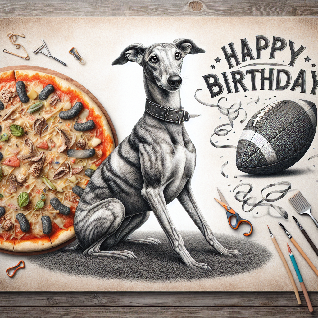 Greyhound, Football, and Pizza Birthday Card