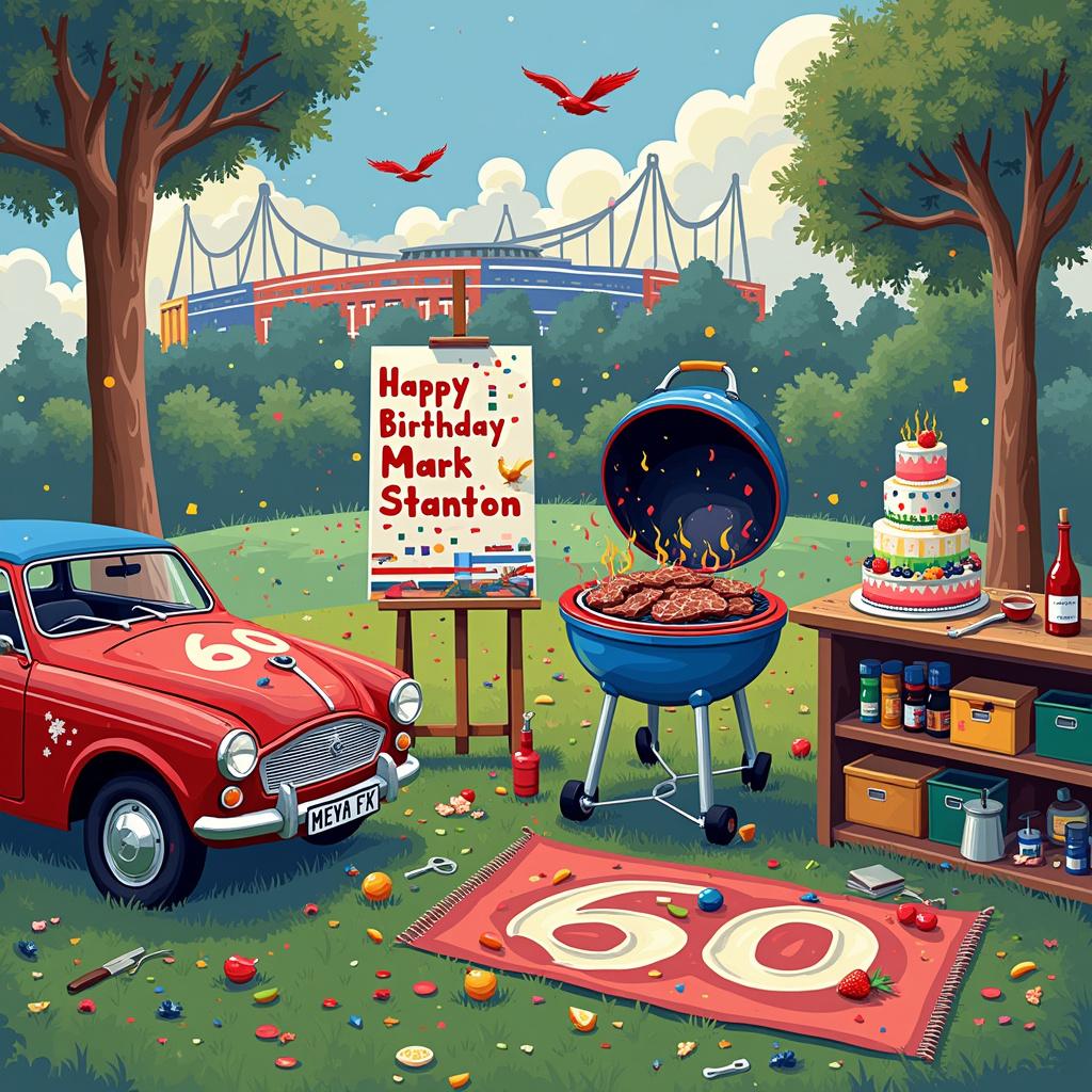 The scene unfolds in a vibrant, abstract park where Mark Stanton's 60th birthday celebration is in full swing. In the foreground, a whimsical BBQ grill painted in Chelsea Football Club's blue and white colors is sizzling with an array of abstractly rendered steaks and veggies. To the left, a striking red Jaguar car is parked, its sleek lines broken into geometric shapes reminiscent of Piet Mondrian's work, with the number '60' boldly displayed on the hood. Above, in a clear sky inspired by the works of Joan Miró, fluffy clouds form the name 'Mark Stanton,' as if written in the stars. To the right, a DIY workbench is covered in tools and gadgets that seem to dance and swirl in a Jackson Pollock-esque flurry of reds, blues, and yellows. Near the center, a large birthday cake featuring layers painted in Rothko-like bold color blocks proudly displays a 'Happy Birthday Mark Stanton' banner that flutters joyously. Behind the cake, an easel holds a canvas showing an abstract depiction of Stamford Bridge stadium, accompanied by a bottle of red wine perched nearby, its label artistically blurred in a style reminiscent of Cy Twombly. Overhead, geometric birds inspired by Kazimir Malevich’s shapes fly, adding a sense of movement. In the background, trees are subtly deconstructed into colorful vertical and horizontal lines, echoing Agnes Martin's grid patterns. The entire scene is a lively collage of elements, each a nod to various themes and artistic styles, all celebrating Mark Stanton's milestone birthday. 

Generated with these themes: 60, Chelsea Football club, Red wine, Jaguar car, BBQ, and DIY.  
Made with ❤️ by AI. 