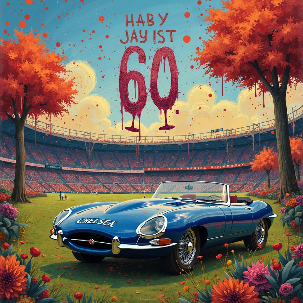 The birthday card scene is a vibrant, abstract depiction set in a whimsical park. In the foreground, a surreal BBQ grill transforms into a roaring Jaguar car, painted in the Chelsea Football Club's iconic blue and white colors, with their emblem subtly integrated into the intricate pattern of the car's grill. Suspended in mid-air are red wine glasses, swirling in a splatter of burgundy and crimson that echoes Jackson Pollock's dynamic style, infusing the scene with a sense of movement. Nearby, a DIY workbench brimming with an eclectic mix of tools morphs into a grid inspired by Piet Mondrian, showcasing bold primary colors. Above, the sky presents a beautiful blend of Mark Rothko’s expansive color fields, filled with shades of orange and red, where "Happy 60th Birthday Mark Stanton" is artfully inscribed in playful, abstract letters reminiscent of Joan Miró’s signature style, floating among whimsical cloud shapes. In the background, geometric structures akin to Kazimir Malevich form an abstract representation of a Chelsea stadium, filled with vibrant lines and patterns that pay homage to the energetic styles of Kandinsky and de Kooning, capturing the atmosphere of spirited fans. Scattered throughout the scene are smaller details, such as Cy Twombly's playful scribbles hinting at the number '60', and Agnes Martin's subtle, intricate lines that inject a sense of delicate order amidst the energetic chaos. 

Generated with these themes: 60, Chelsea Football Club, Red wine, Jaguar car, BBQ, and DIY.  
Made with ❤️ by AI.