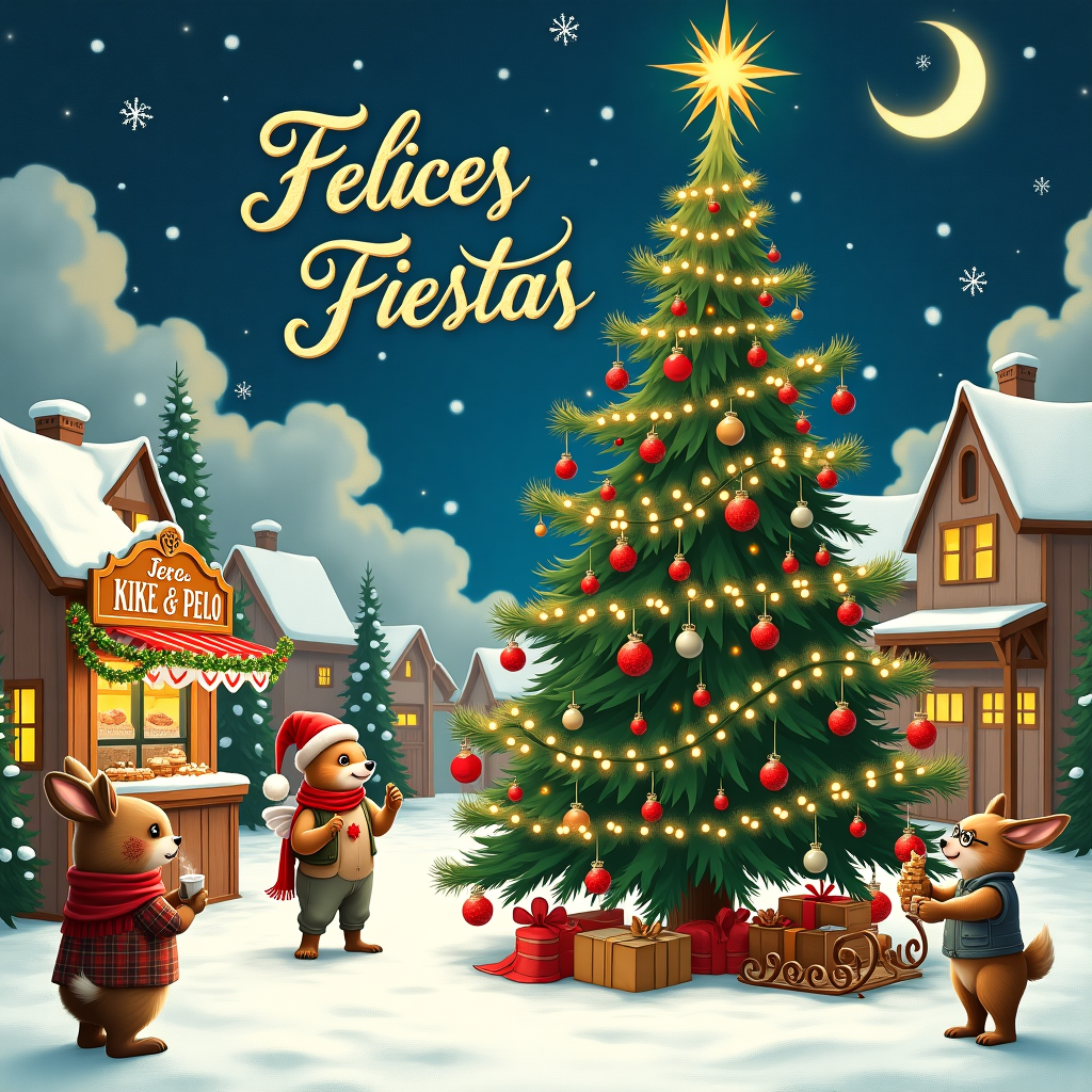 In this whimsical Christmas scene, imagine a bustling, snow-blanketed village square, reminiscent of a Norman Rockwell illustration, with a touch of Edward Gorey's quirky charm. A grand, old-fashioned Christmas tree stands at the center, its branches draped with twinkling lights, vibrant red and green ornaments, and a particularly peculiar ornament shaped like a tiny sleigh. Perched atop the tree is a small, comical angel wearing a slightly askew Santa hat. Around the tree, jolly villagers, inspired by Beatrix Potter's anthropomorphic characters, are engaging in various festive activities. A rabbit in a red scarf is sipping hot cocoa from a steamy mug, while a fox with glasses is reading a list labeled "Naughty or Nice," reminiscent of Aubrey Beardsley's intricate line work.

To the left, an open-air market stall, adorned with garlands, showcases Christmas treats like gingerbread cookies and spiced nuts. The vendor, a jovial bear in a plaid vest, gestures animatedly to a hedgehog customer, mirroring the dynamic interaction found in Quentin Blake's illustrations. In the background, a wooden sign shaped like a sleigh reads "Felices Fiestas," painted in vivid, swirling letters inspired by the detailed styles of Arthur Rackham and Maurice Sendak.

Above the scene, the sky is a starry expanse with clouds forming the words "Tere, Kike & Pelo," in an elegant script that echoes the graceful strokes of Maxfield Parrish. A crescent moon casts a gentle glow over the entire setting, and Gustave Doré-like intricate snowflakes flutter down, creating a picturesque winter wonderland. The scene is bustling, full of life and humor, a perfect blend of classic Christmas nostalgia with a dash of eccentricity.
Generated with these themes: Felices Fiestas ❤️🎄.
Made with ❤️ by AI.