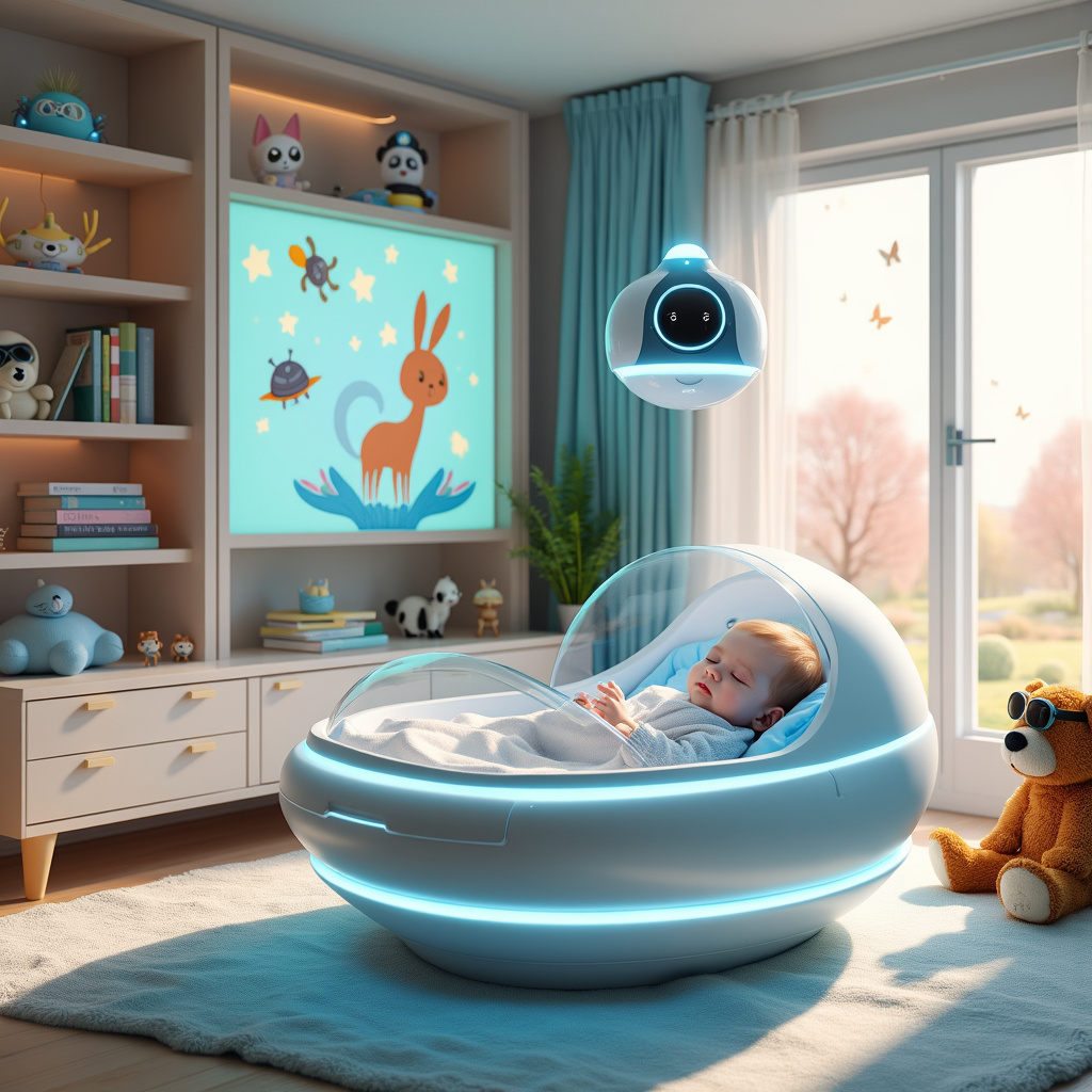 Picture a delightful, whimsical scene set in a futuristic nursery. At the center of the scene is a sleek, high-tech crib that resembles a miniature spaceship, complete with glowing blue and white LED lights and soft, plush bedding. The crib is designed with transparent, domed walls that show the baby's peacefully sleeping face.

Hovering just above the crib is an AI robot nanny, styled in a charmingly retro, yet futuristic fashion – think Rosie the Robot from "The Jetsons," but with a softer, more nurturing design. The robot has large, expressive eyes on a screen that displays a gentle, animated lullaby.

To the left of the crib, there's a bookshelf filled with digital storybooks. These books have holographic covers that change images, featuring classic characters reimagined with a futuristic twist, like Peter Pan wearing a jetpack or Cinderella’s pumpkin carriage transformed into a hovercraft.

Next to the bookshelf, a playful AI-powered mobile hangs from the ceiling. The mobile has tiny, floating drones shaped like cute animals – a rabbit with jet propellers, a panda on a hoverboard, a fox with tiny wings, and a turtle with a mini rocket. They gently float around, projecting soothing constellations on the ceiling.

In the background, an interactive wall screen displays a scene reminiscent of Beatrix Potter's countryside, but with a twist – the trees have subtle robotic features and the animals, while still adorable, have tiny cybernetic enhancements like a bunny with a little antenna or a squirrel with a cyber tail.

In the corner, there’s a changing station equipped with a robotic arm that gently and efficiently manages diaper changes. The arm is painted in pastel colors and has a soft, teddy bear face on its mechanical end to keep the baby entertained.

To add a humorous touch, the family dog is seen sitting nearby, wearing a virtual reality headset and playfully batting at virtual butterflies, bringing a giggle to anyone who sees it.

The entire scene is brought together with a warm, inviting color palette of soft blues, greens, and pastels, making it the perfect blend of the comforting and the futuristic – a true celebration of the new baby in the age of AI.
Generated with these themes: The Ultimate Guide to AI-Generated New Baby Cards.
Made with ❤️ by AI.