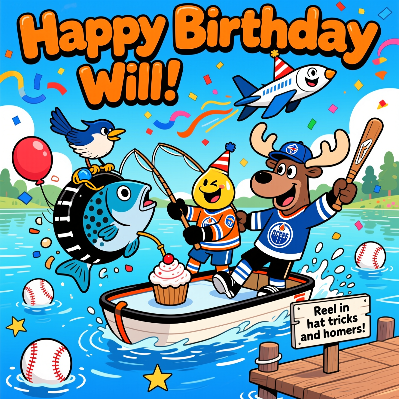 At the top of the Cartoon Style image, big bold bubbly letters: "Happy Birthday Will!"

A bright, playful cartoon lake scene bursting with color and motion: In the foreground, a tiny boat shaped like a mini hockey rink skims across sparkling blue water. A grinning oil-drop character in an Edmonton Oilers jersey and a cheerful moose in a Winnipeg Jets jersey are mid-action, wildly fishing with exaggerated, energetic poses. The line yanks up a huge goofy fish patterned like a hockey puck and wearing a tiny helmet; the bobber is a frosted cupcake styled like a baseball. Perched on the rod, a sassy blue jay wearing a Blue Jays cap winks and brandishes a mini bat. Overhead, a smiling jet with a party hat zooms by trailing streamers and confetti in team colors (royal blues, orange, white, and a pop of red). Balloons shaped like pucks and baseballs bob around the boat; splashes sparkle with comic stars. Thick black outlines, oversized heads and hands, saturated colors, cel-shaded lighting, and crisp, sunny highlights for a whimsical, funny vibe.

At the bottom on a small wooden dock sign, a single short line of text: "Reel in hat tricks and homers!"
Generated with these themes: Winnipeg Jets, Blue Jays, Edmonton Oilers, Fishing, and .
Made with ❤️ by AI.