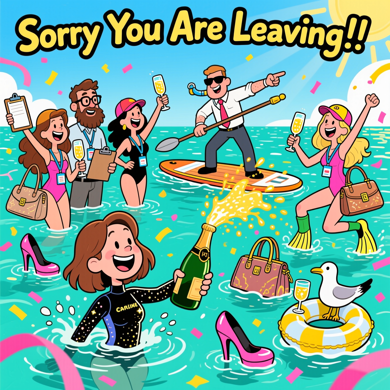 At the top of the Cartoon Style image, Sorry You Are Leaving!!!!

Playful, funny cartoon scene with thick black outlines, exaggerated proportions, and bright saturated colors. Open-water farewell party on a glittering teal sea beneath a sunny sky.

Center foreground: Caroline (shoulder-length brown hair) half-submerged, grinning in a sparkly wetsuit, popping a prosecco bottle so golden fizz sprays in an arc.

Around her: the HR team in the water — 2 men with beards and glasses, 5 women with long brown hair, 2 women with long black hair, 2 women with long blonde hair — all in vivid wetsuits and caps, striking whimsical, energetic poses, cheering with champagne flutes, wearing waterproof ID lanyards, some clutching floating clipboards.

Designer drama: oversized luxury-style handbags used as floaties and mini boats; giant high-heeled shoes bobbing like buoys; a couple of teammates kick with silly stiletto-fins; handbags resting on tiny inner tubes; a seagull cheekily eyeing a glass of fizz on a handbag.

The Boss behind them on a paddleboard like a lifeguard, sunglasses and whistle on, pointing forward heroically.

Details: dynamic splash arcs, sparkling droplets, confetti streamers in hot pink, lemon yellow, and aqua; sunbeams and a clean, open sky at the top for the headline. Exaggerated, expressive faces; lively, energetic poses; thick outlines; high-contrast, saturated palette; no logos.

Place one small cheeky caption near the bottom on a wavy ribbon: Keep making waves—with fizz, heels, and fabulous bags!
Generated with these themes: Open water swimming, Prosecco, Designer handbags, Designer shoes, HR Team - 2 men with beard and glasses, 5 women long brown hair, 2 women long black hair, 2 women long blonde hair, Caroline shoulder length brown hair, the Boss, and .
Made with ❤️ by AI.