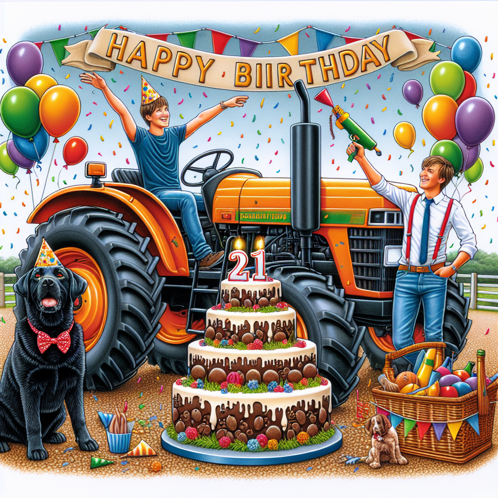 Generate an illustration showing a lively 21st birthday scene. The central focus is a bright orange tractor festively decorated with an array of colourful balloons and streamers. A black Labrador, cheerful and sporting a party hat, is amusingly portrayed in the driver's seat, offering a friendly wave. Standing next to the tractor is a young Caucasian man, dressed casually and pointing a confetti gun towards the sky, indicative of his cheerful disposition. A chocolate spaniel dog adorned with a fancy bow tie is awaiting eagerly for a piece from the large birthday cake embellished with dog-friendly chocolate designs.
Generated with these themes: Orange tractor, Black labrador, 21st, Son, Shooting, and Chocolate spaniel.
Made with ❤️ by AI.